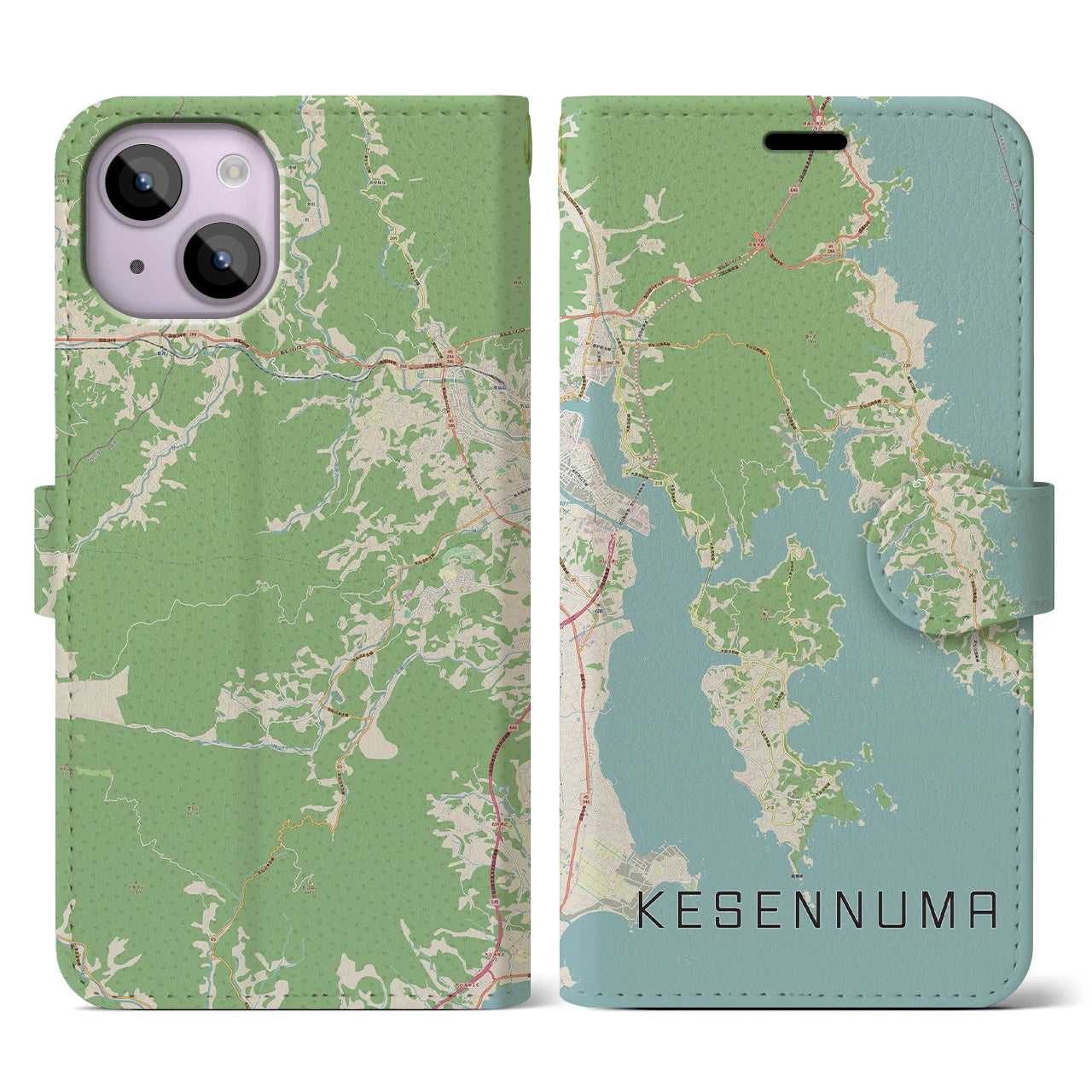 【気仙沼(宮城県)】地図柄iPhoneケース(手帳タイプ)ナチュラル・iPhone 14 用