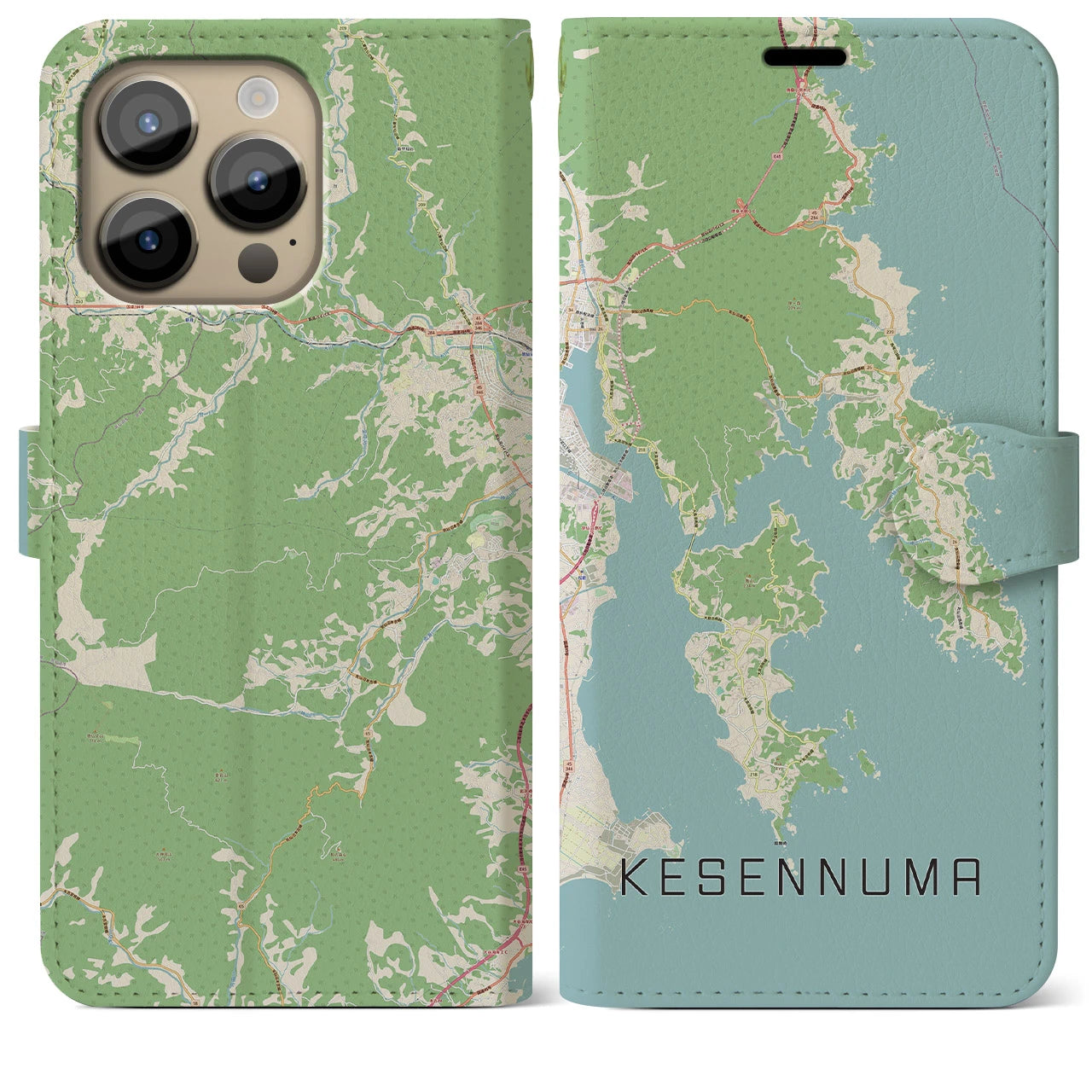 【気仙沼(宮城県)】地図柄iPhoneケース(手帳タイプ)ナチュラル・iPhone 14 Pro Max 用