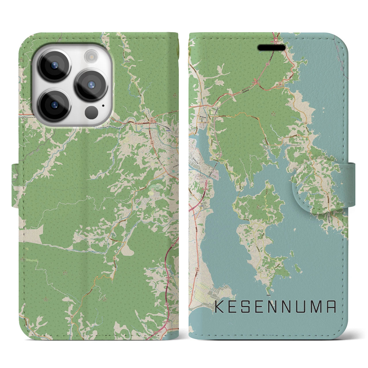 【気仙沼(宮城県)】地図柄iPhoneケース(手帳タイプ)ナチュラル・iPhone 14 Pro 用