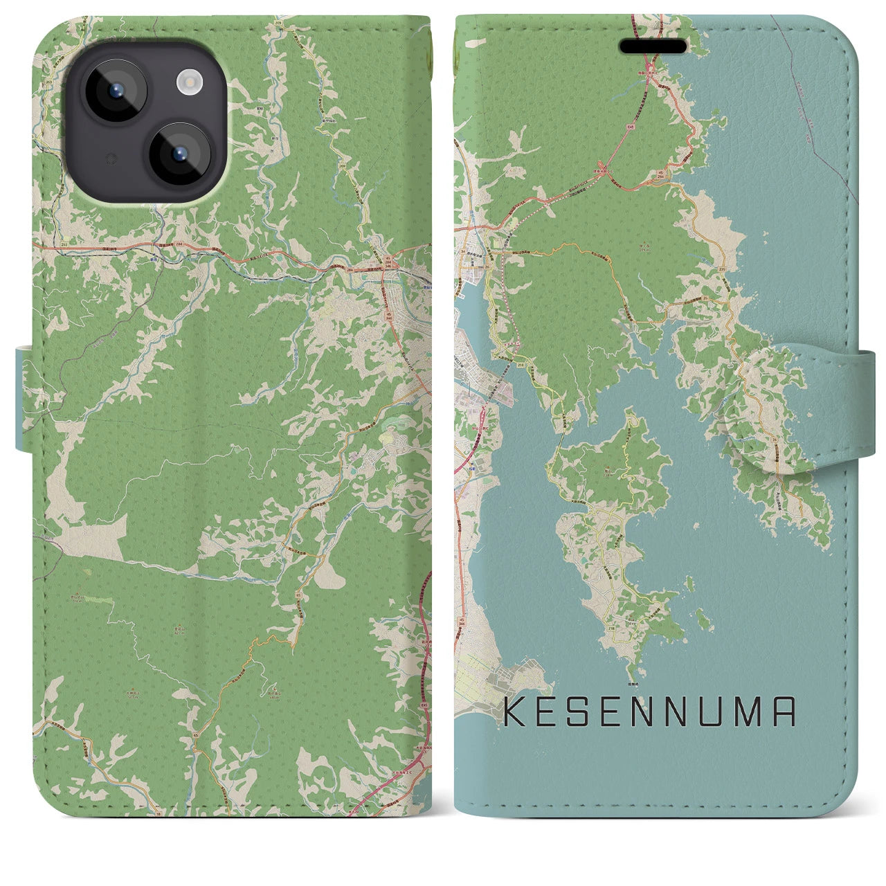 【気仙沼(宮城県)】地図柄iPhoneケース(手帳タイプ)ナチュラル・iPhone 14 Plus 用