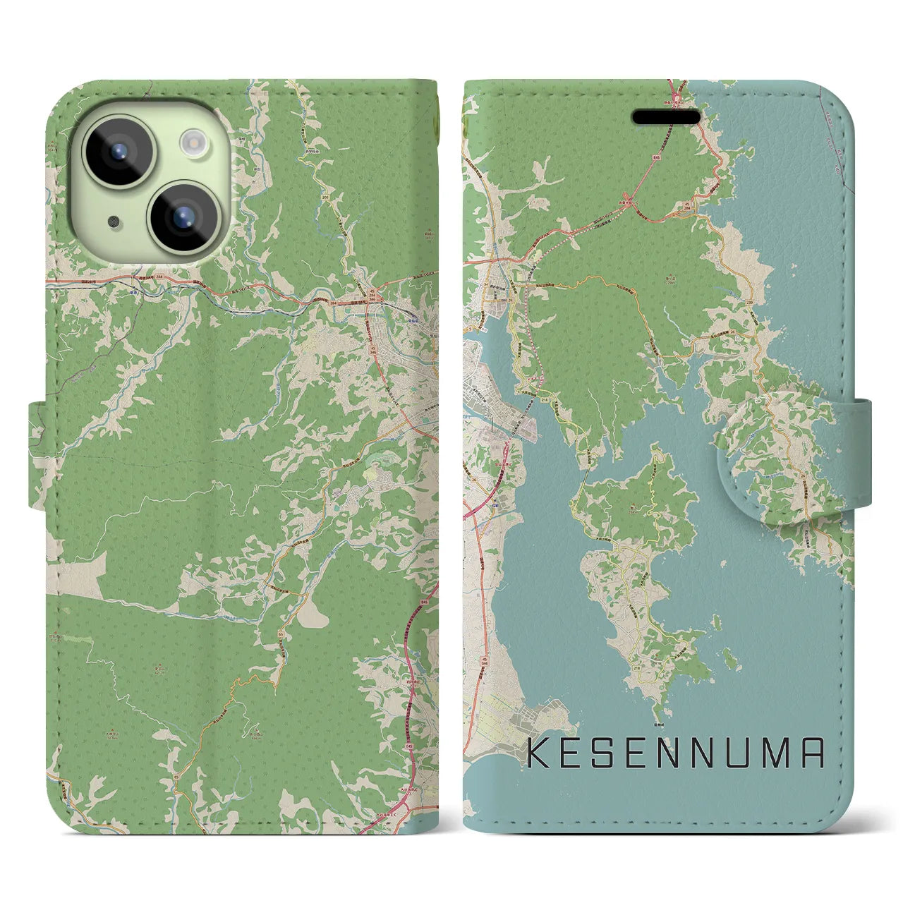 【気仙沼(宮城県)】地図柄iPhoneケース(手帳タイプ)ナチュラル・iPhone 15 用