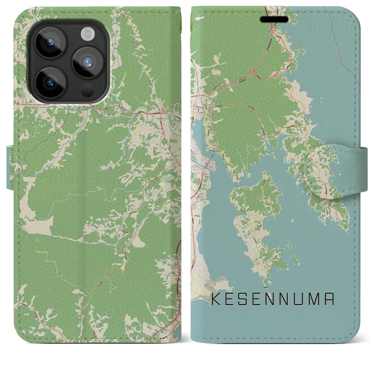【気仙沼(宮城県)】地図柄iPhoneケース(手帳タイプ)ナチュラル・iPhone 15 Pro Max 用