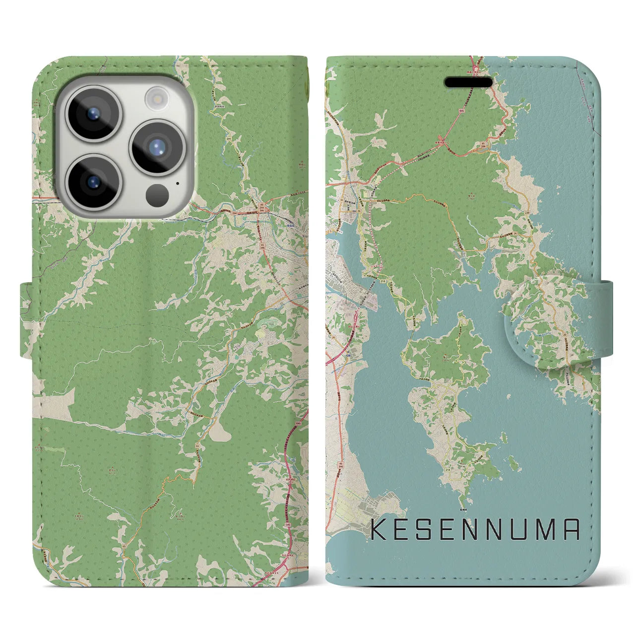 【気仙沼(宮城県)】地図柄iPhoneケース(手帳タイプ)ナチュラル・iPhone 15 Pro 用
