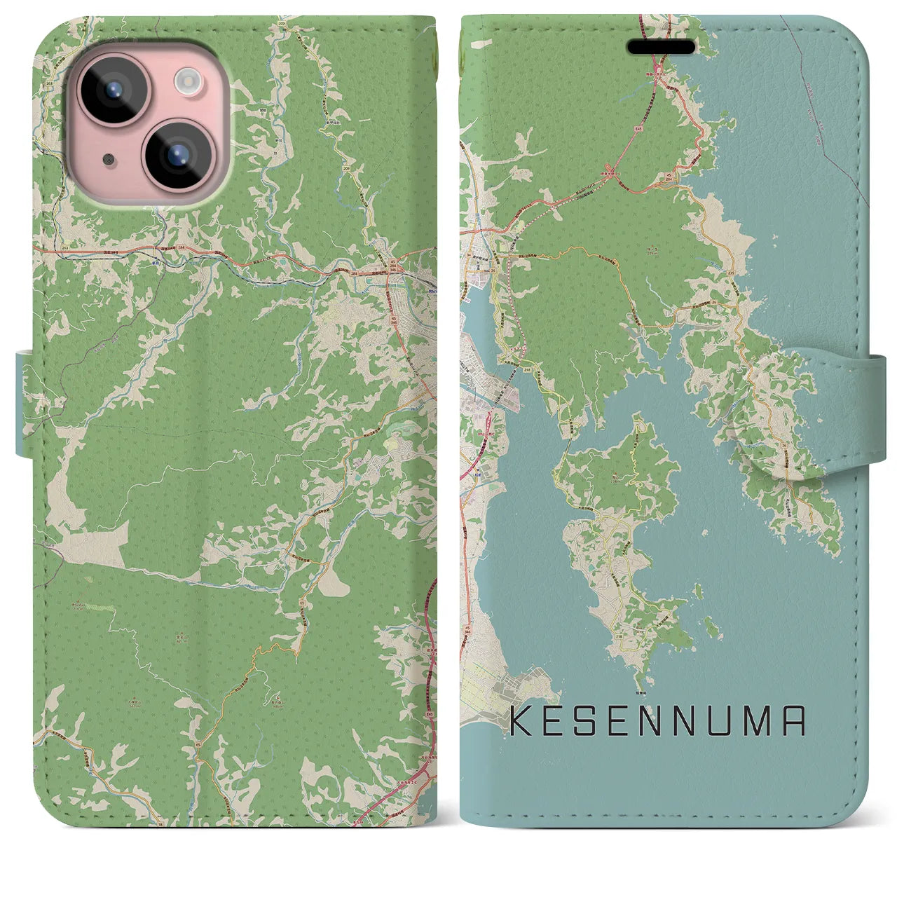 【気仙沼(宮城県)】地図柄iPhoneケース(手帳タイプ)ナチュラル・iPhone 15 Plus 用