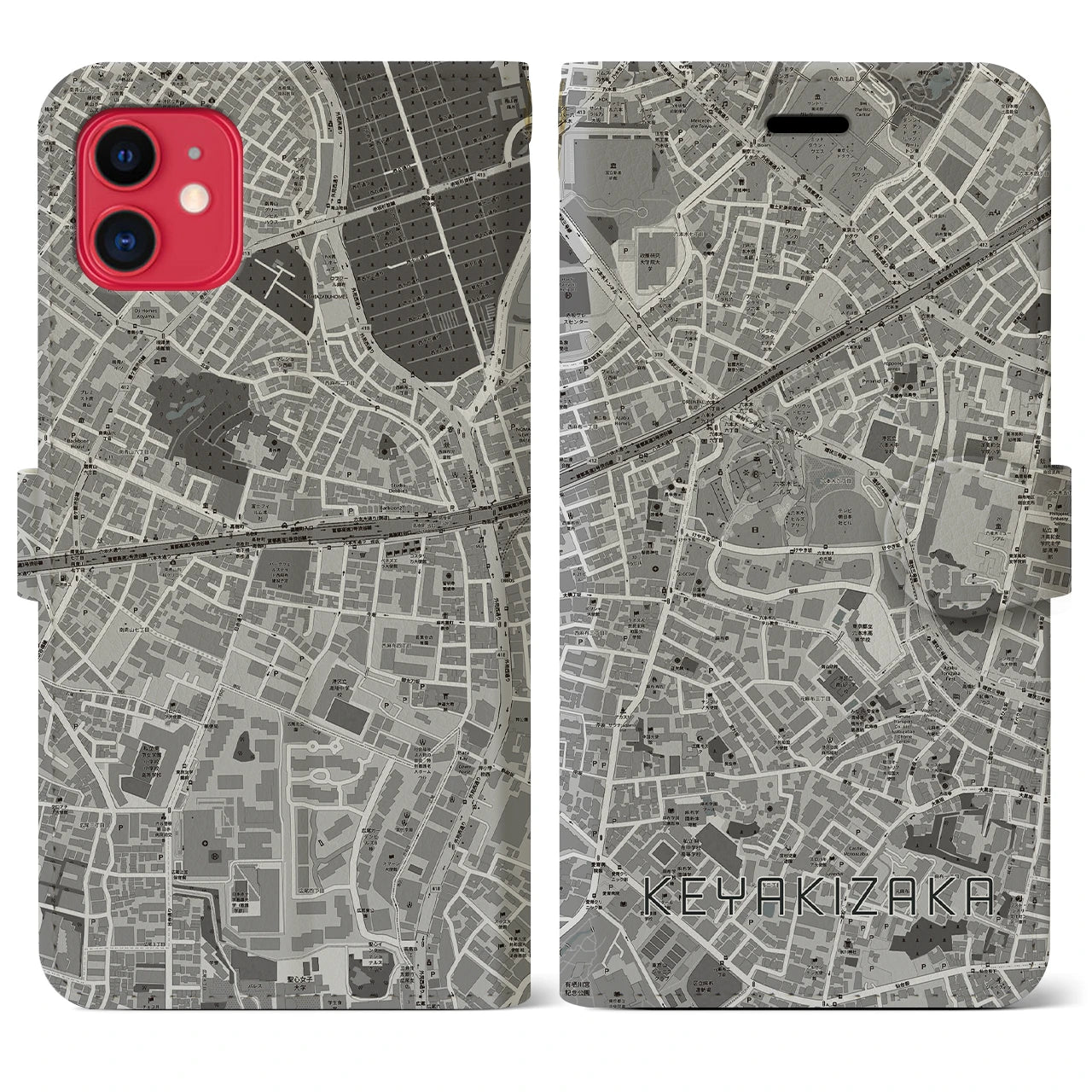 【けやき坂(東京都)】地図柄iPhoneケース(手帳タイプ)モノトーン・iPhone 11 用