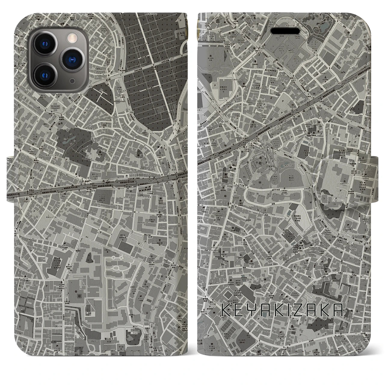 【けやき坂(東京都)】地図柄iPhoneケース(手帳タイプ)モノトーン・iPhone 11 Pro Max 用