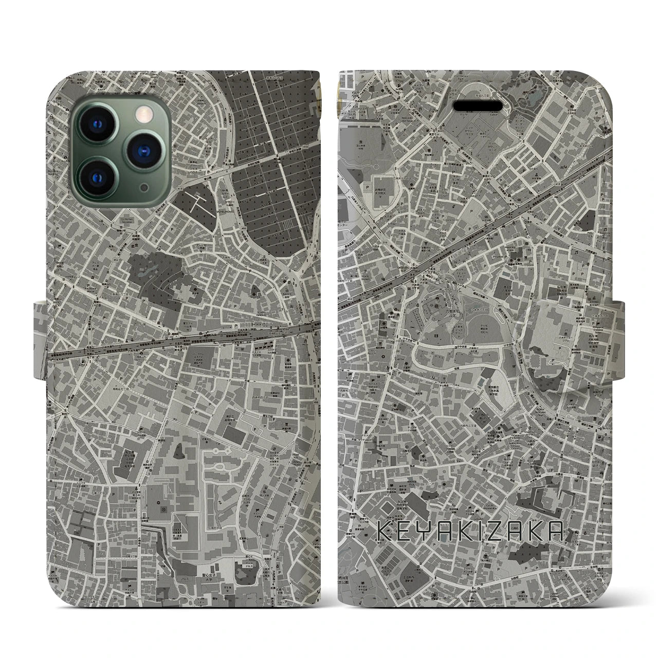 【けやき坂(東京都)】地図柄iPhoneケース(手帳タイプ)モノトーン・iPhone 11 Pro 用