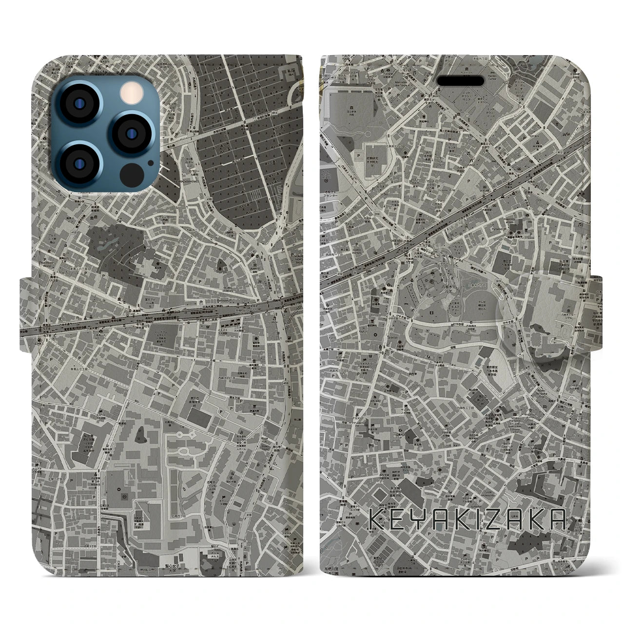 【けやき坂(東京都)】地図柄iPhoneケース(手帳タイプ)モノトーン・iPhone 12 / 12 Pro 用