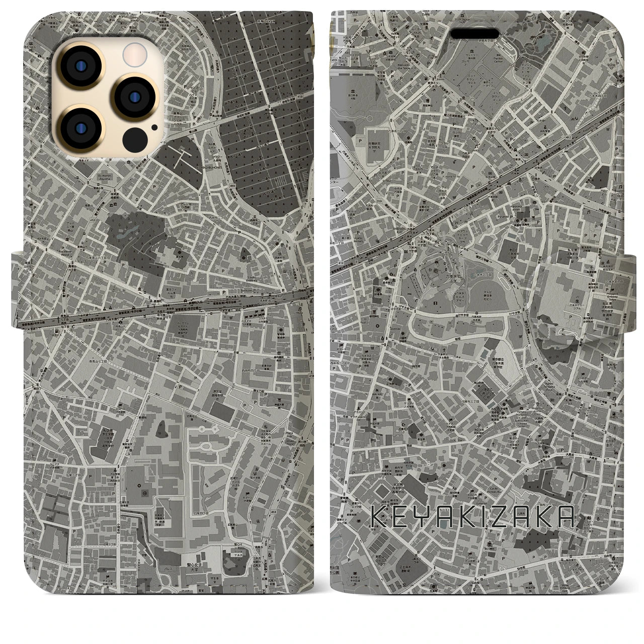 【けやき坂(東京都)】地図柄iPhoneケース(手帳タイプ)モノトーン・iPhone 12 Pro Max 用