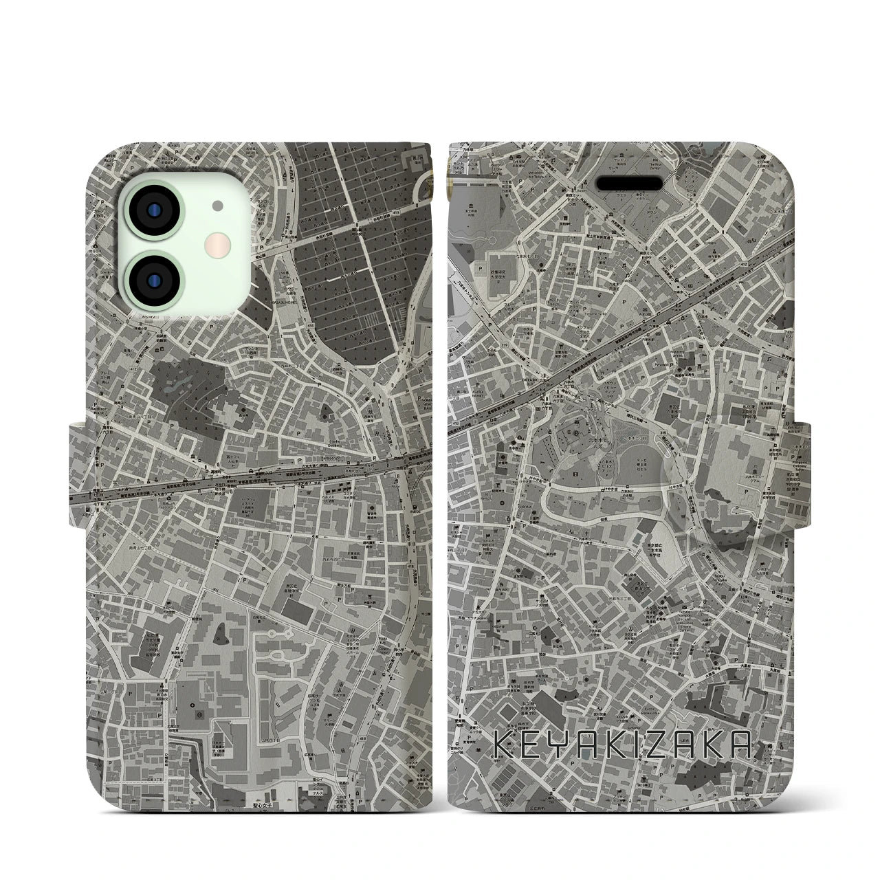 【けやき坂(東京都)】地図柄iPhoneケース(手帳タイプ)モノトーン・iPhone 12 mini 用