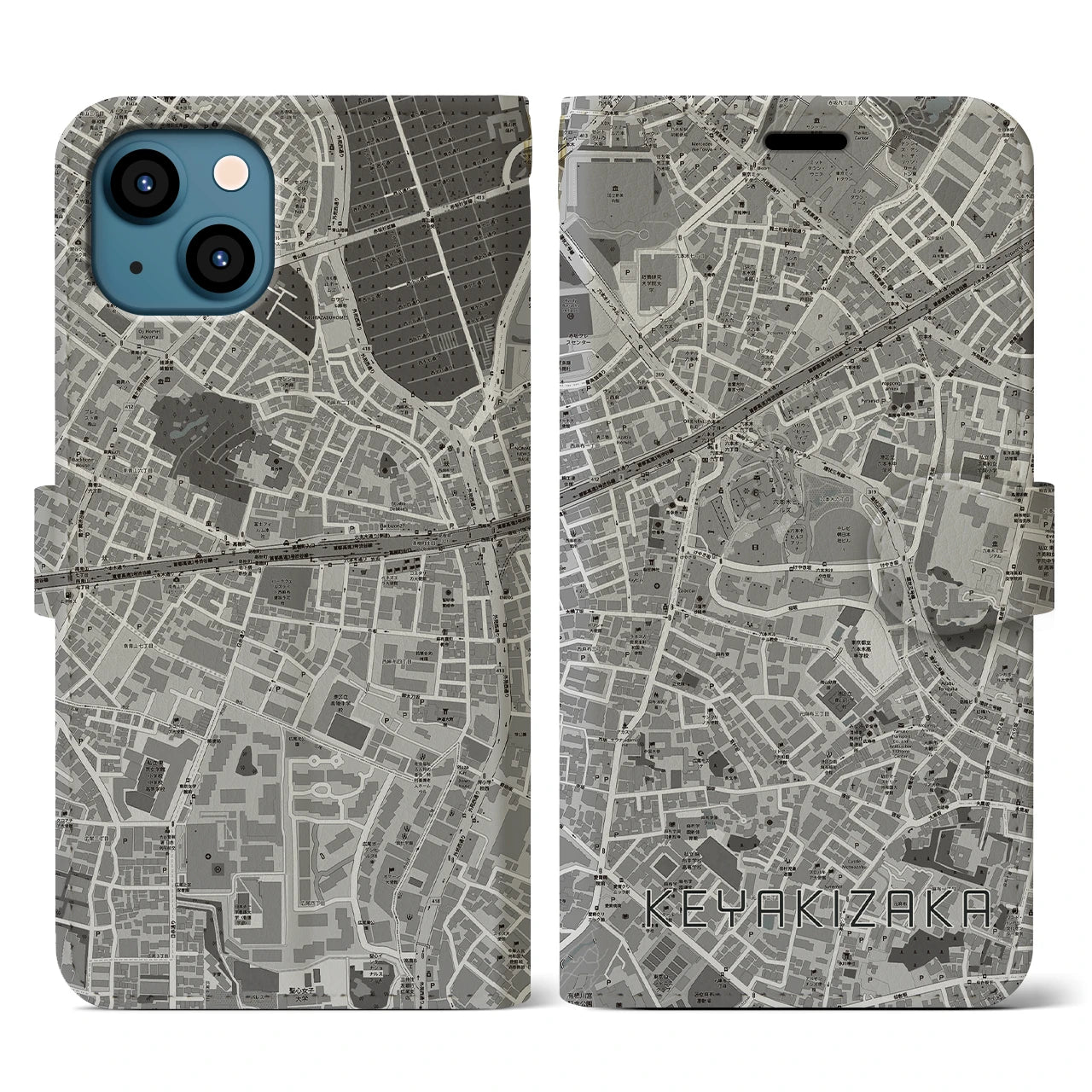 【けやき坂(東京都)】地図柄iPhoneケース(手帳タイプ)モノトーン・iPhone 13 用