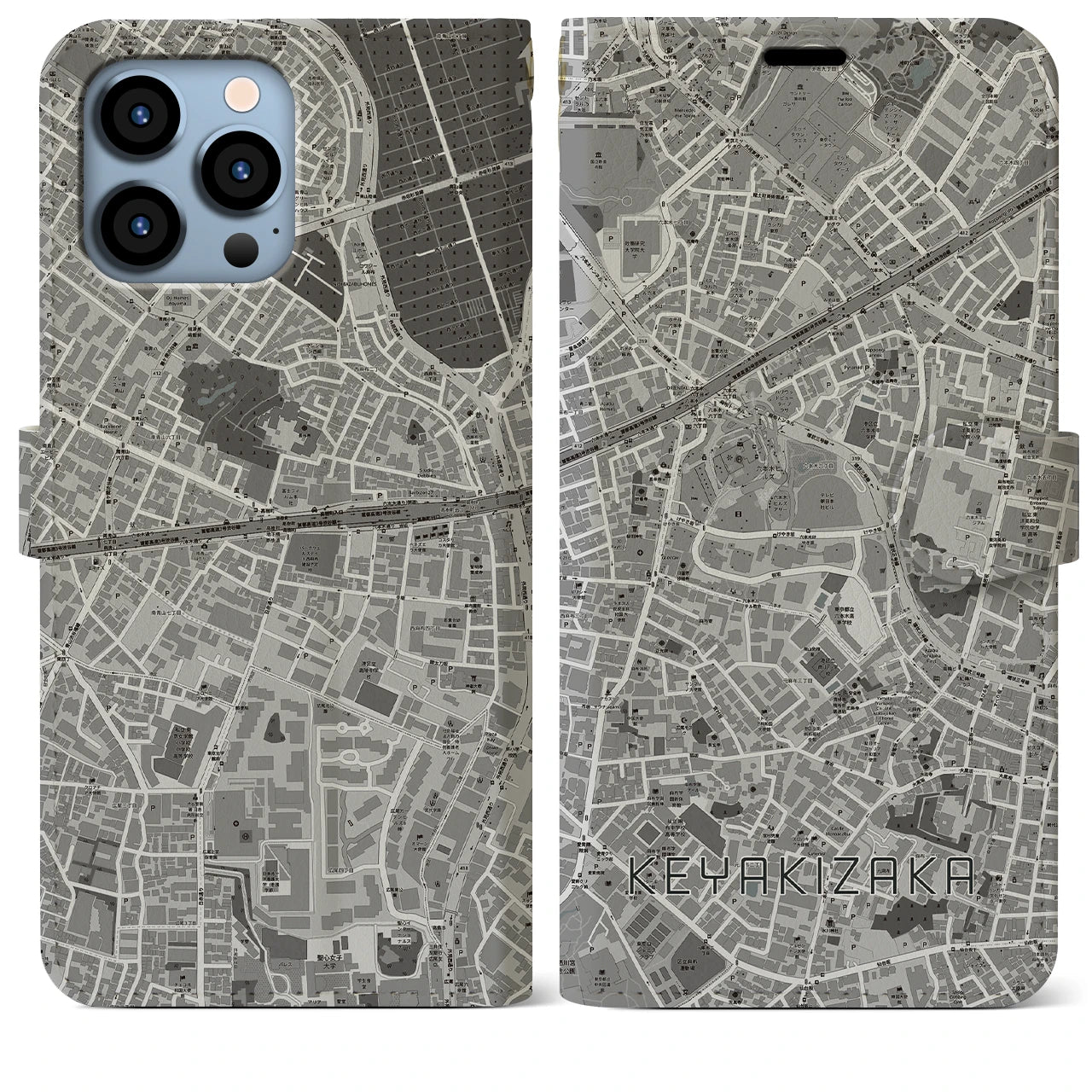 【けやき坂(東京都)】地図柄iPhoneケース(手帳タイプ)モノトーン・iPhone 13 Pro Max 用