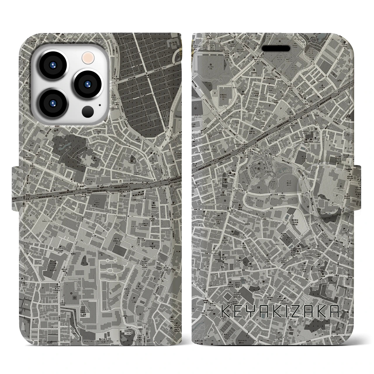 【けやき坂(東京都)】地図柄iPhoneケース(手帳タイプ)モノトーン・iPhone 13 Pro 用