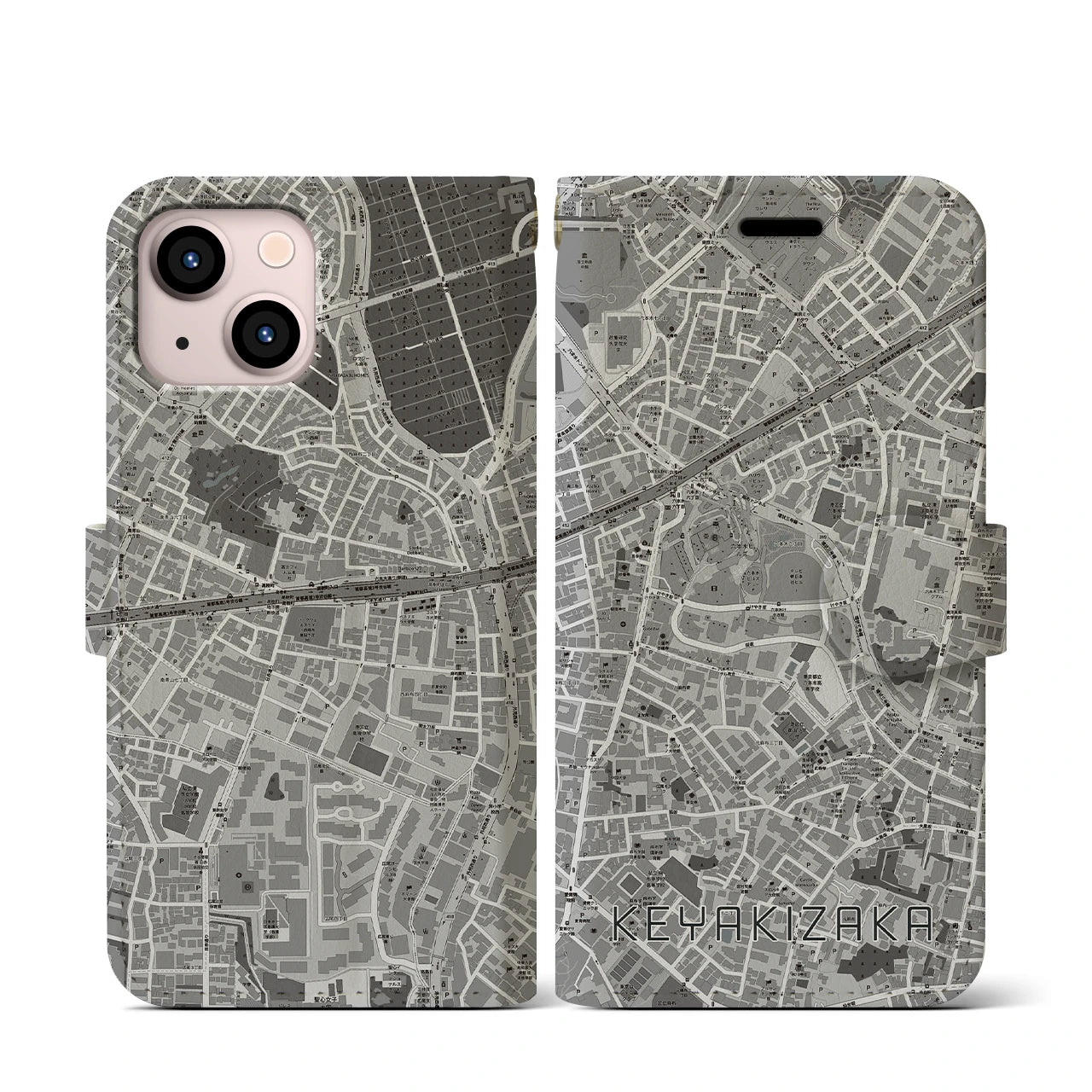 【けやき坂(東京都)】地図柄iPhoneケース(手帳タイプ)モノトーン・iPhone 13 mini 用