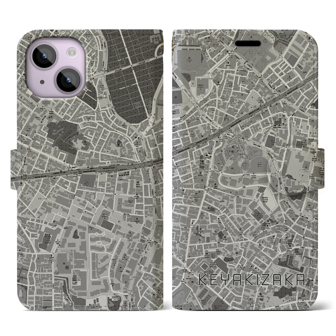 【けやき坂(東京都)】地図柄iPhoneケース(手帳タイプ)モノトーン・iPhone 14 用