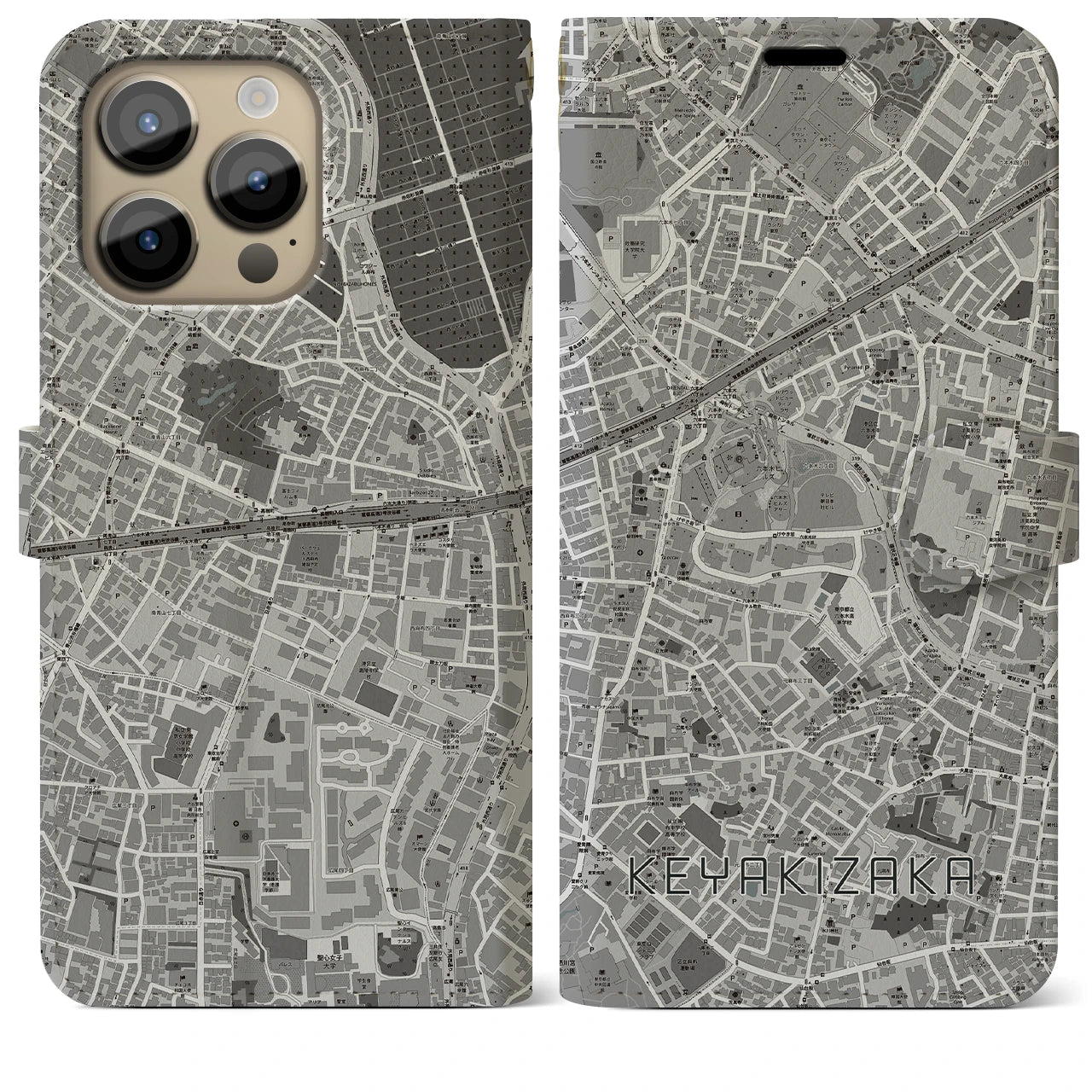 【けやき坂(東京都)】地図柄iPhoneケース(手帳タイプ)モノトーン・iPhone 14 Pro Max 用