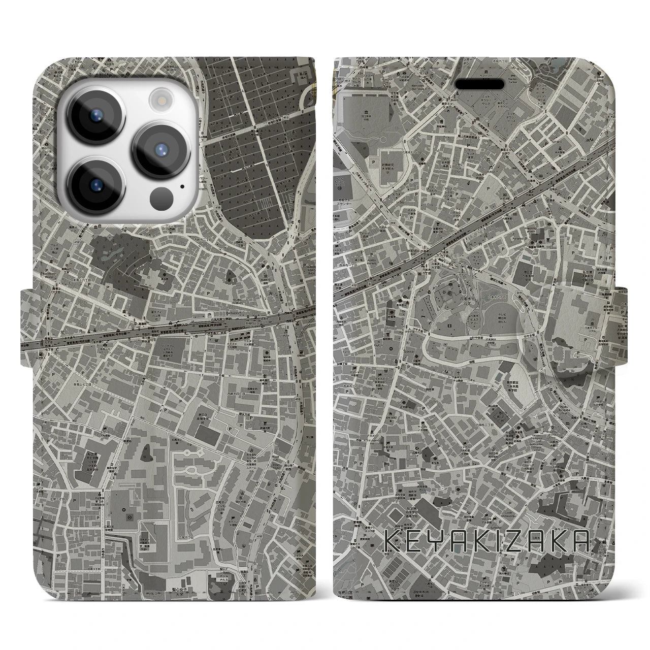 【けやき坂(東京都)】地図柄iPhoneケース(手帳タイプ)モノトーン・iPhone 14 Pro 用