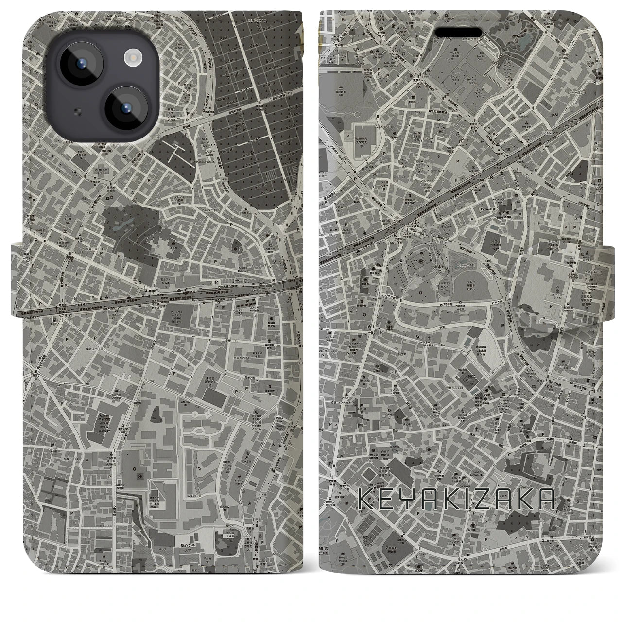 【けやき坂(東京都)】地図柄iPhoneケース(手帳タイプ)モノトーン・iPhone 14 Plus 用