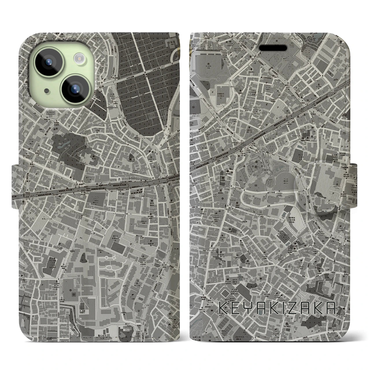 【けやき坂(東京都)】地図柄iPhoneケース(手帳タイプ)モノトーン・iPhone 15 用