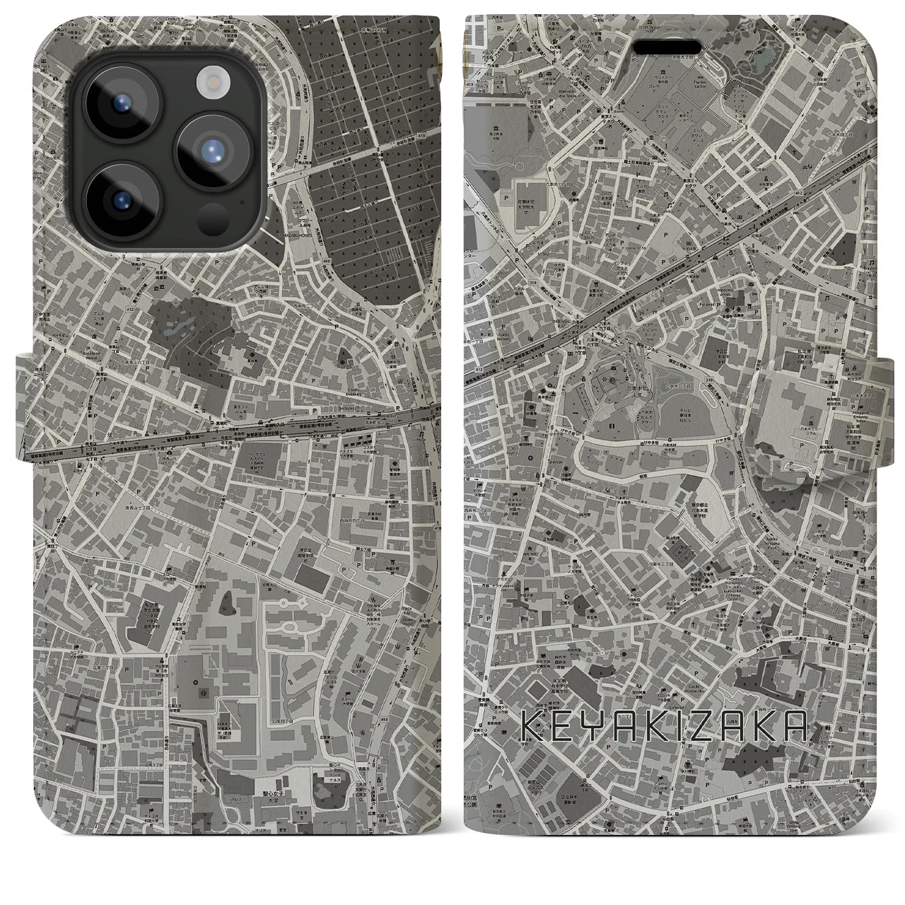 【けやき坂(東京都)】地図柄iPhoneケース(手帳タイプ)モノトーン・iPhone 15 Pro Max 用