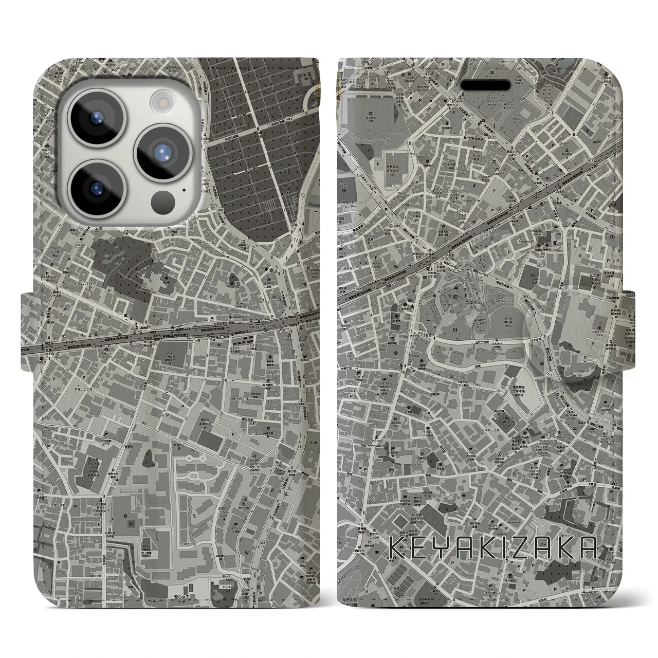 【けやき坂(東京都)】地図柄iPhoneケース(手帳タイプ)モノトーン・iPhone 15 Pro 用