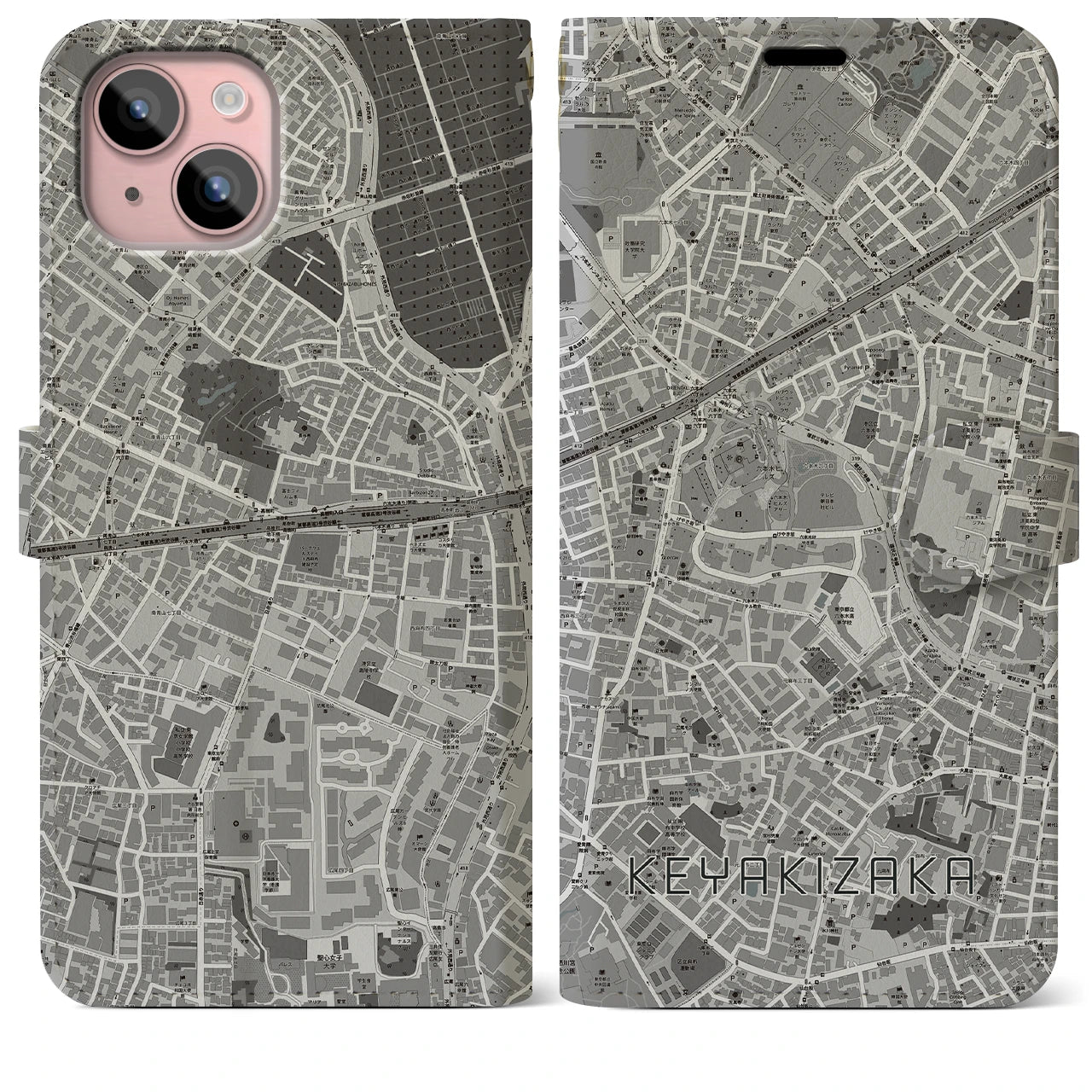 【けやき坂(東京都)】地図柄iPhoneケース(手帳タイプ)モノトーン・iPhone 15 Plus 用