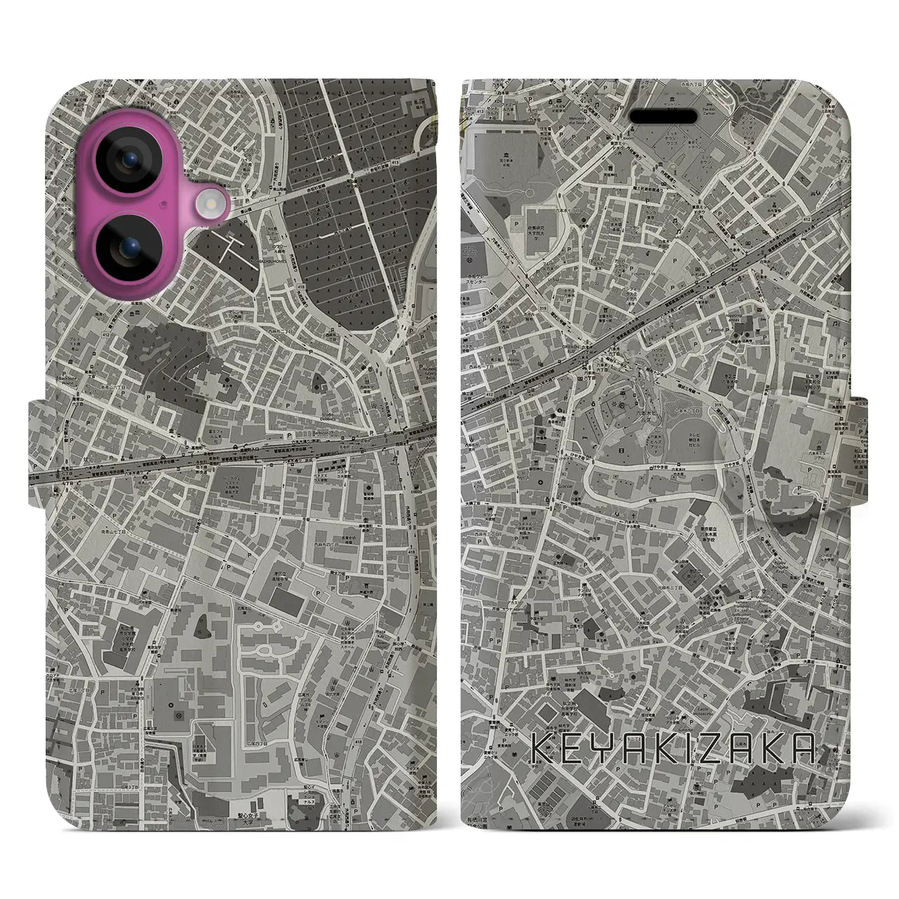 【けやき坂(東京都)】地図柄iPhoneケース(手帳タイプ)モノトーン・iPhone 16 Pro 用