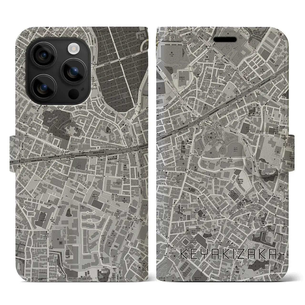 【けやき坂(東京都)】地図柄iPhoneケース(手帳タイプ)モノトーン・iPhone 16 用