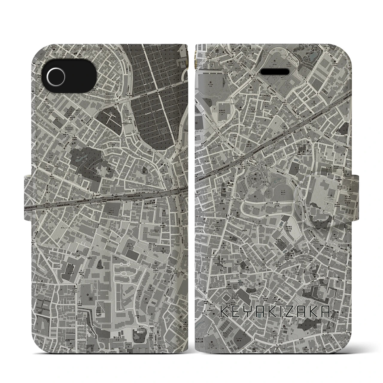 【けやき坂(東京都)】地図柄iPhoneケース(手帳タイプ)モノトーン・iPhone SE(第3 / 第2世代) / 8 / 7 / 6s / 6 用