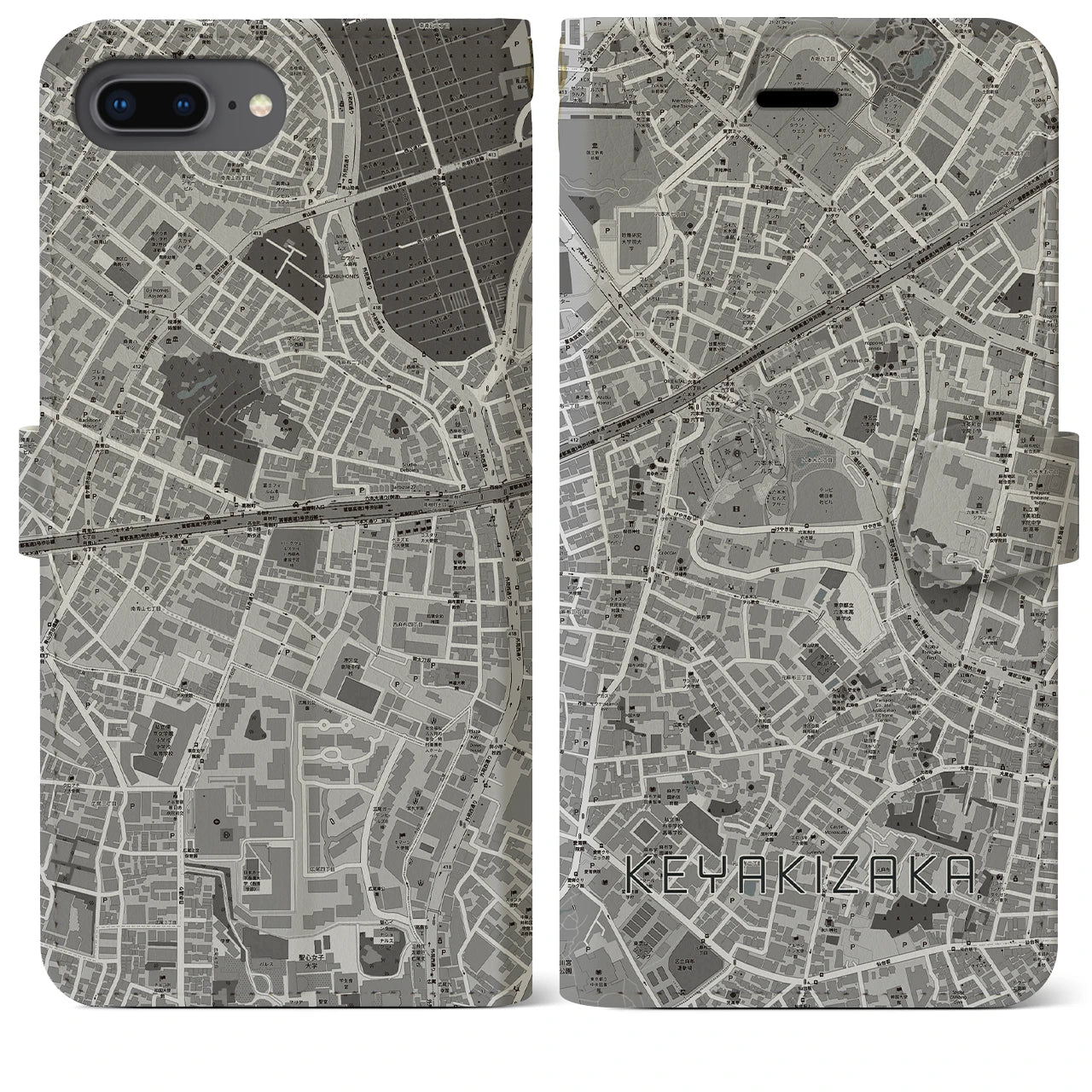【けやき坂(東京都)】地図柄iPhoneケース(手帳タイプ)モノトーン・iPhone 8Plus /7Plus / 6sPlus / 6Plus 用