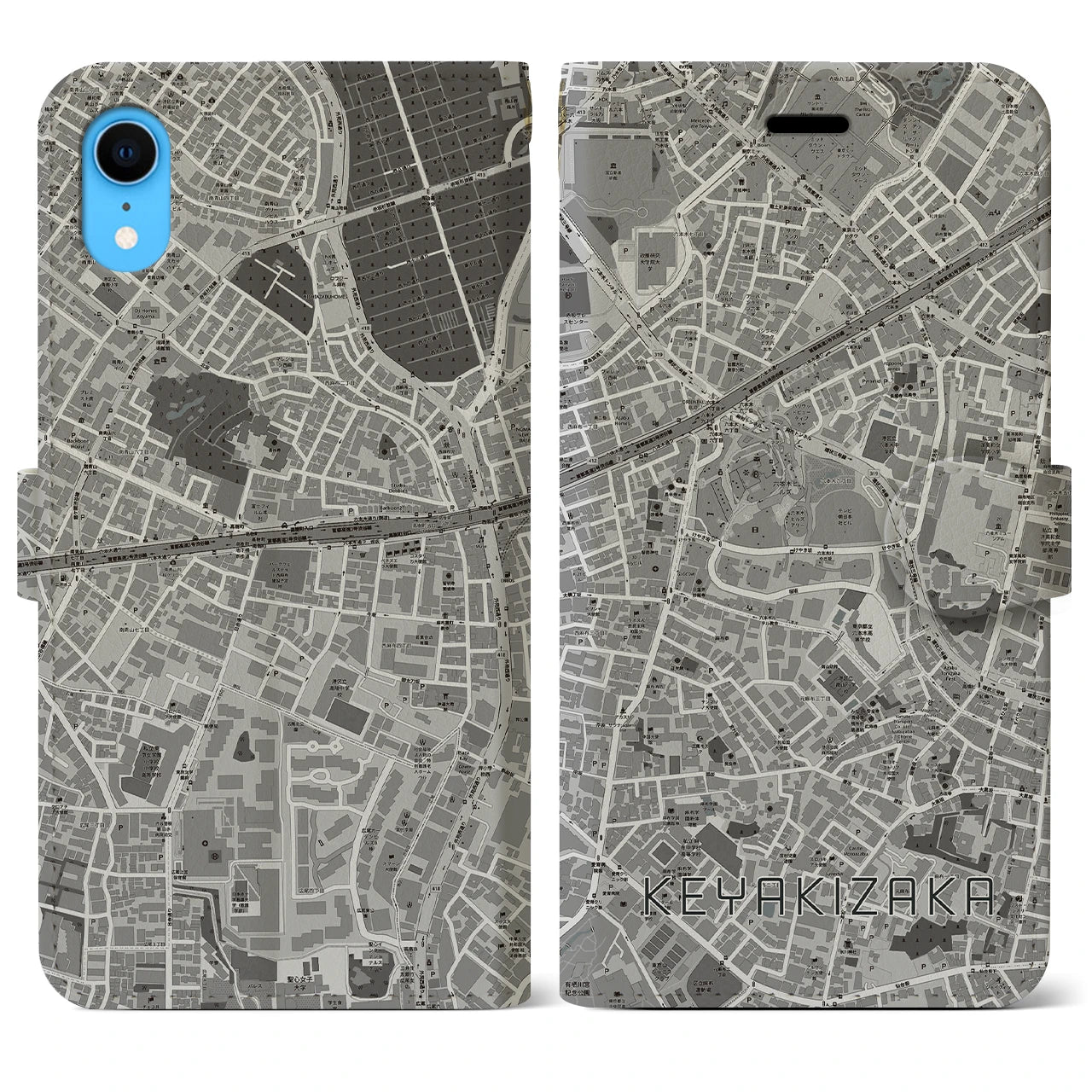 【けやき坂(東京都)】地図柄iPhoneケース(手帳タイプ)モノトーン・iPhone XR 用