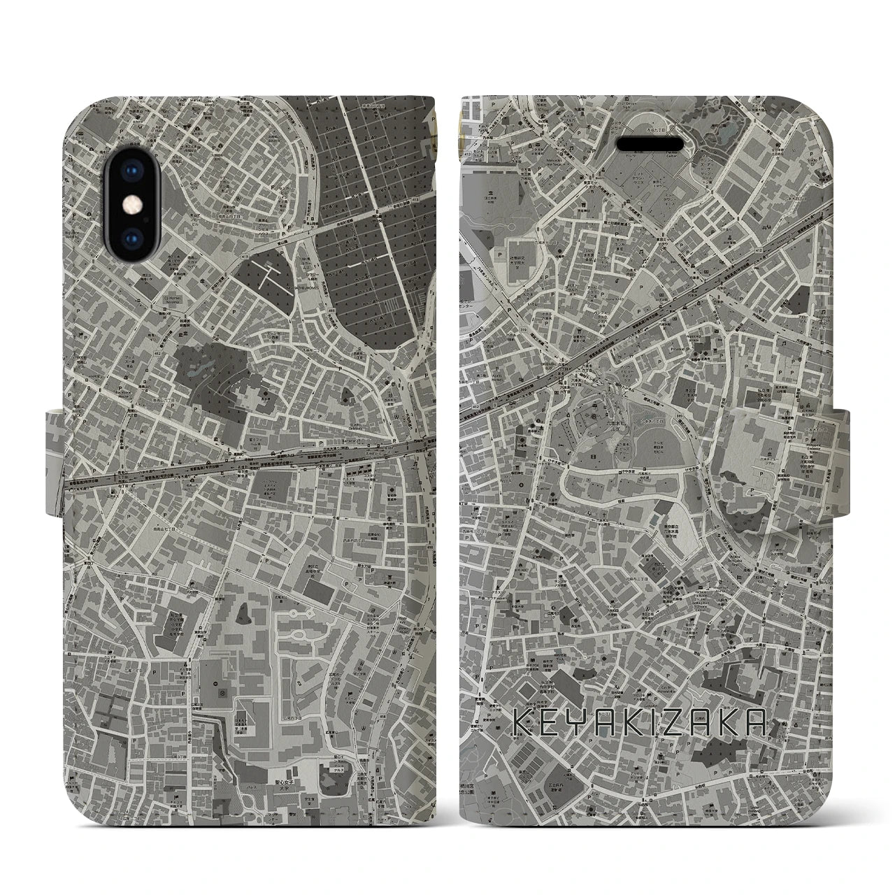 【けやき坂(東京都)】地図柄iPhoneケース(手帳タイプ)モノトーン・iPhone XS / X 用