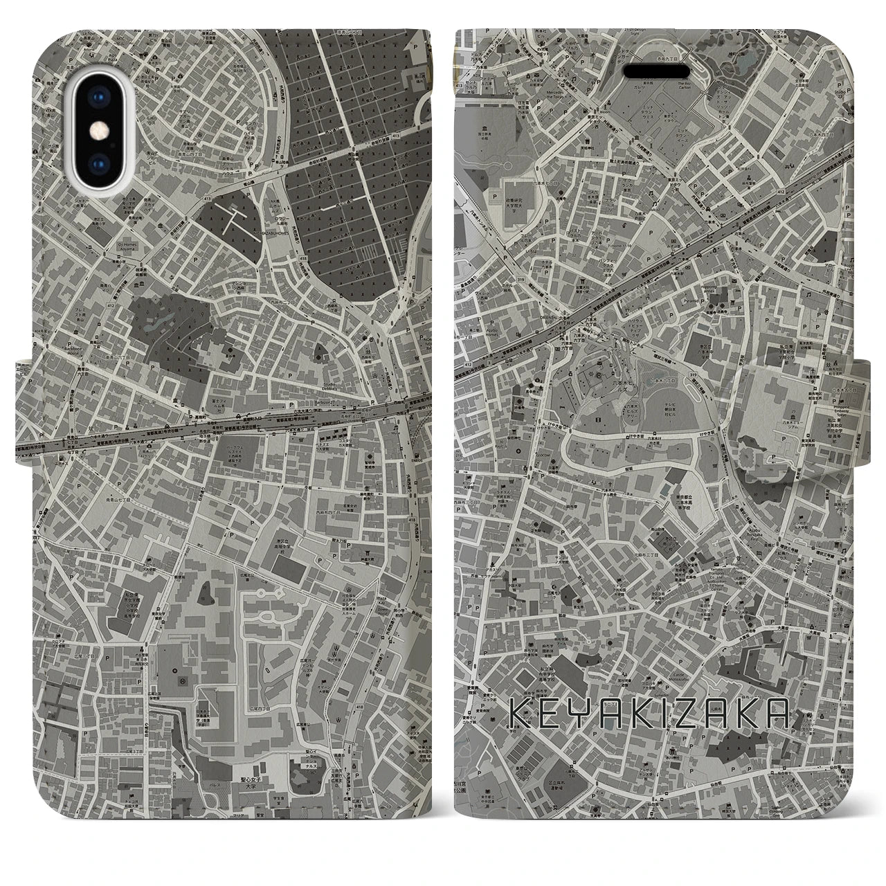 【けやき坂(東京都)】地図柄iPhoneケース(手帳タイプ)モノトーン・iPhone XS Max 用