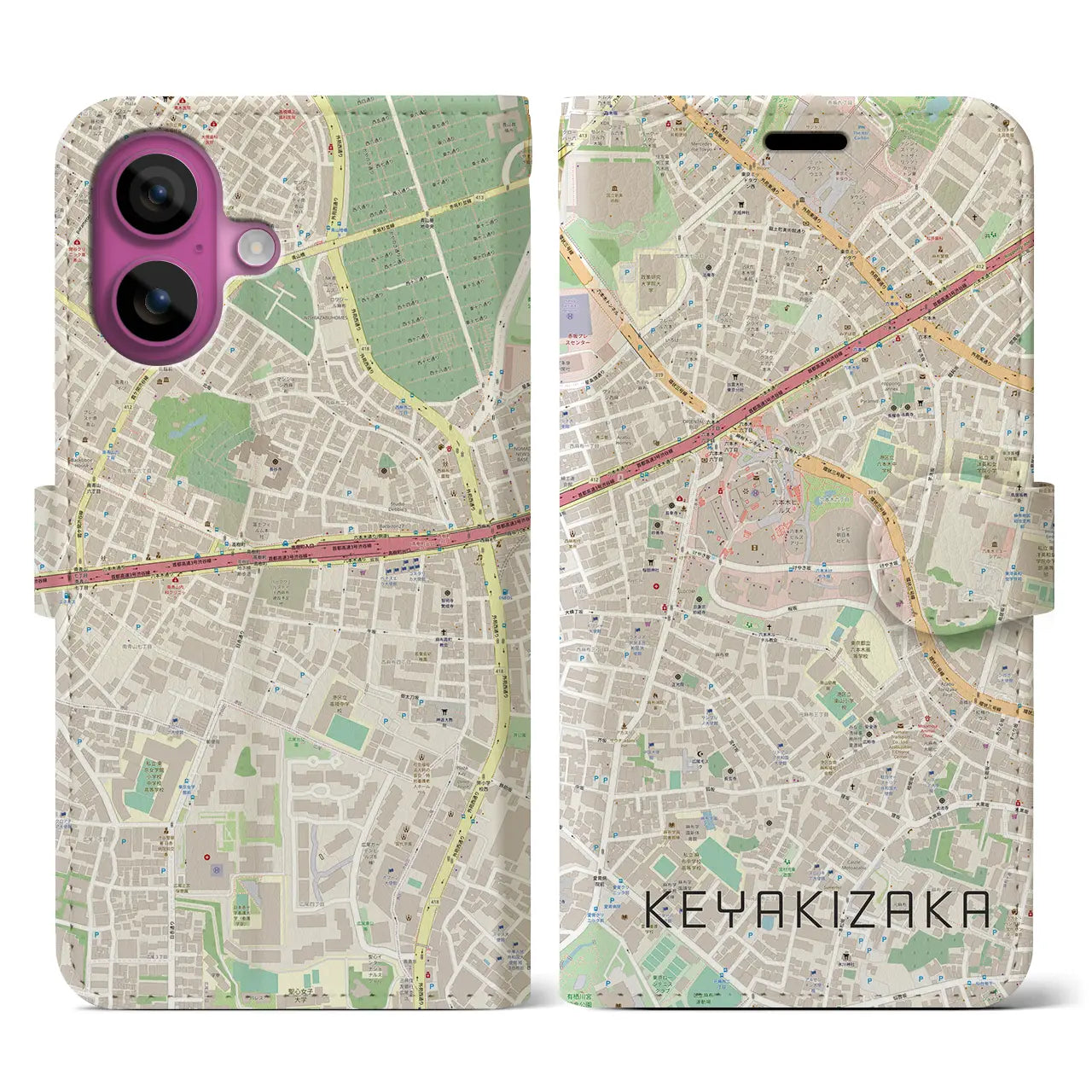 【けやき坂(東京都)】地図柄iPhoneケース(手帳タイプ)ナチュラル・iPhone 16 Pro 用