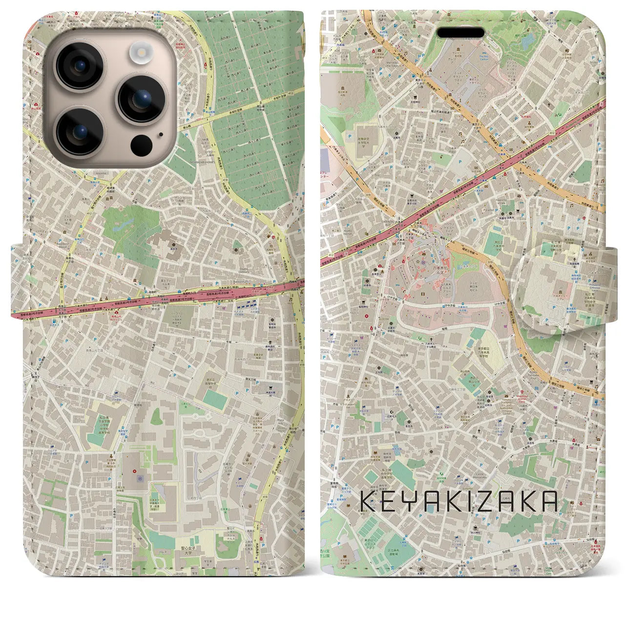 【けやき坂(東京都)】地図柄iPhoneケース(手帳タイプ)ナチュラル・iPhone 16 Plus 用