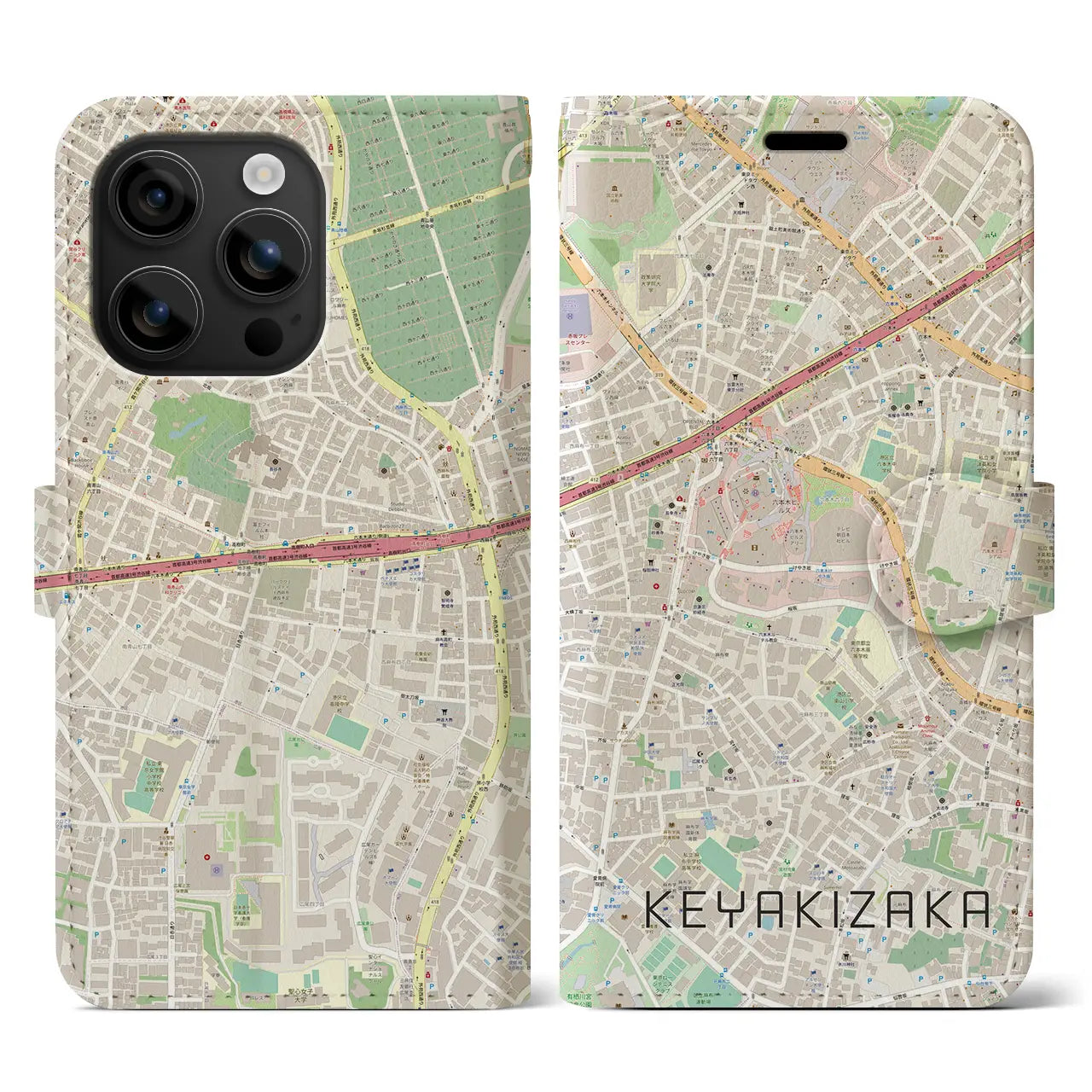 【けやき坂(東京都)】地図柄iPhoneケース(手帳タイプ)ナチュラル・iPhone 16 用
