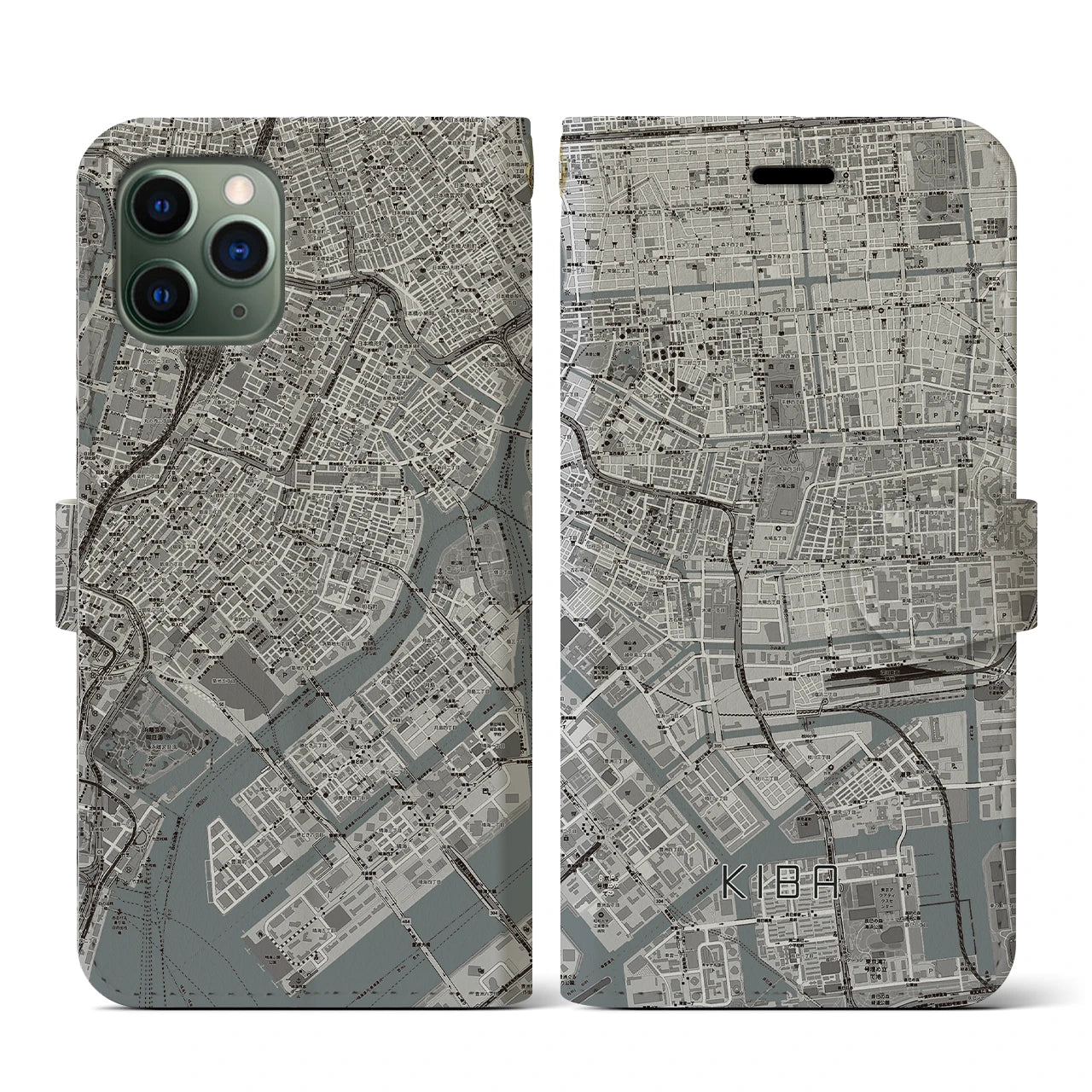 【木場(東京都)】地図柄iPhoneケース(手帳タイプ)モノトーン・iPhone 11 Pro 用