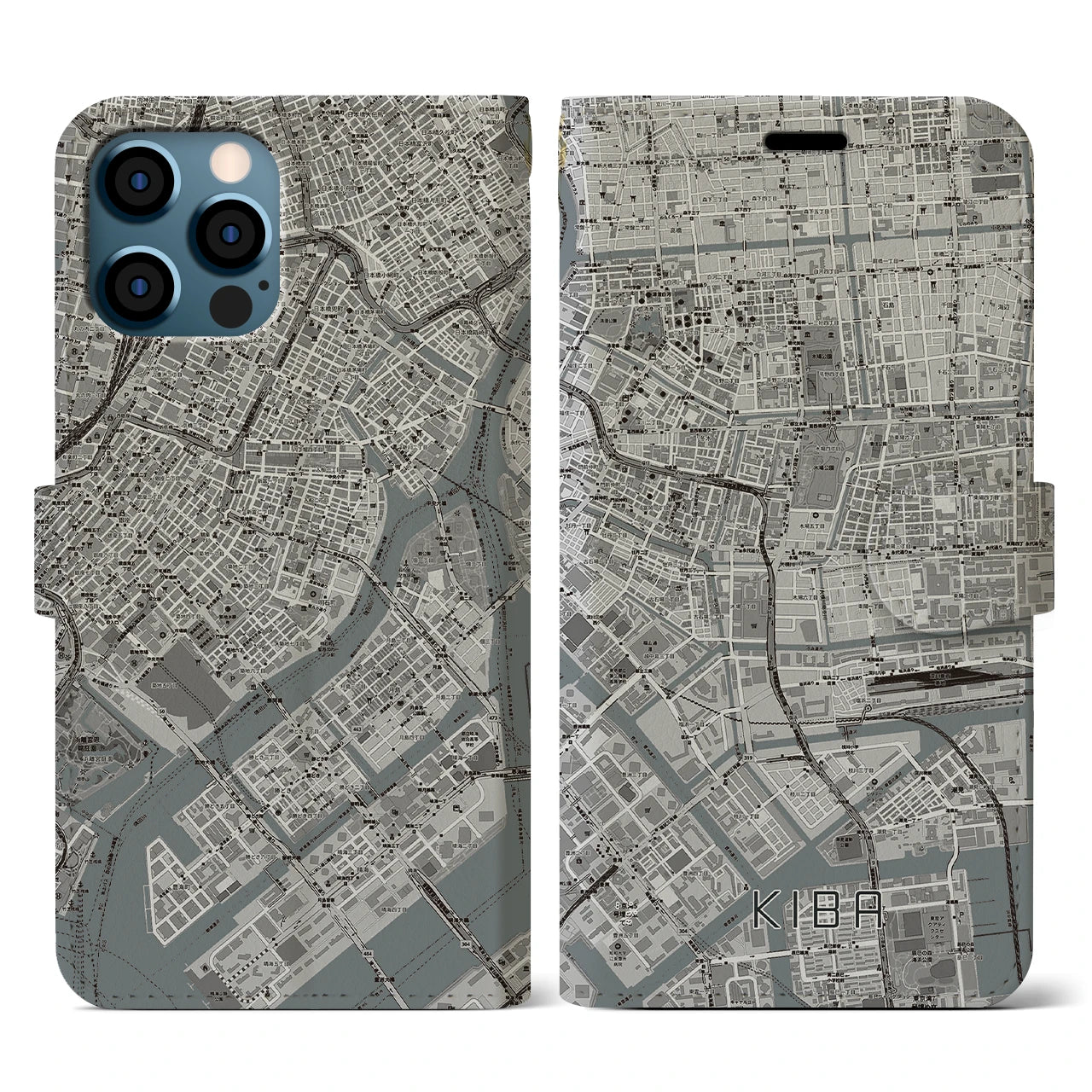 【木場(東京都)】地図柄iPhoneケース(手帳タイプ)モノトーン・iPhone 12 / 12 Pro 用