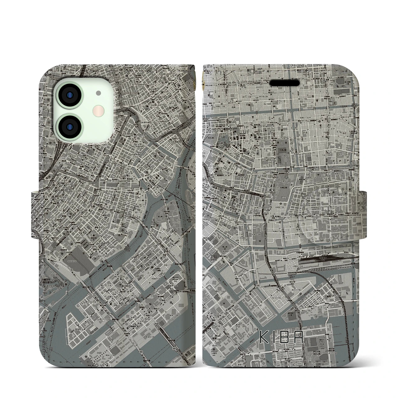 【木場(東京都)】地図柄iPhoneケース(手帳タイプ)モノトーン・iPhone 12 mini 用