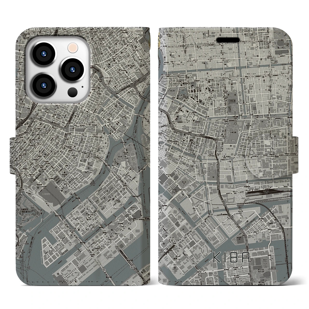 【木場(東京都)】地図柄iPhoneケース(手帳タイプ)モノトーン・iPhone 13 Pro 用