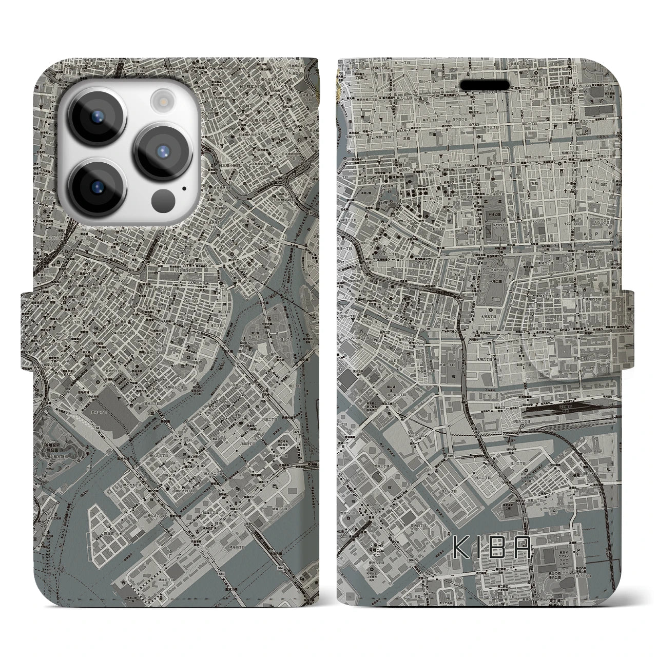 【木場(東京都)】地図柄iPhoneケース(手帳タイプ)モノトーン・iPhone 14 Pro 用