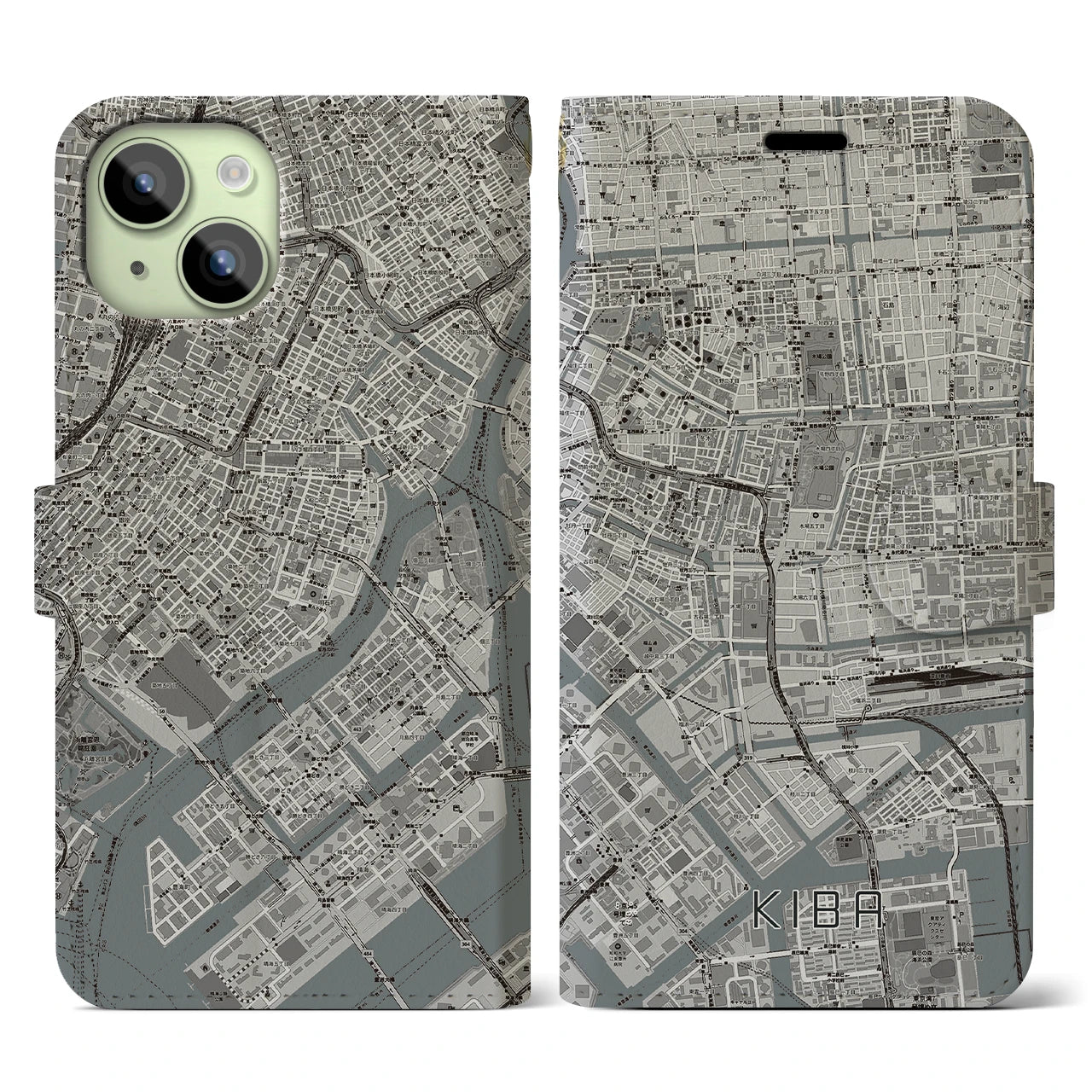 【木場(東京都)】地図柄iPhoneケース(手帳タイプ)モノトーン・iPhone 15 用