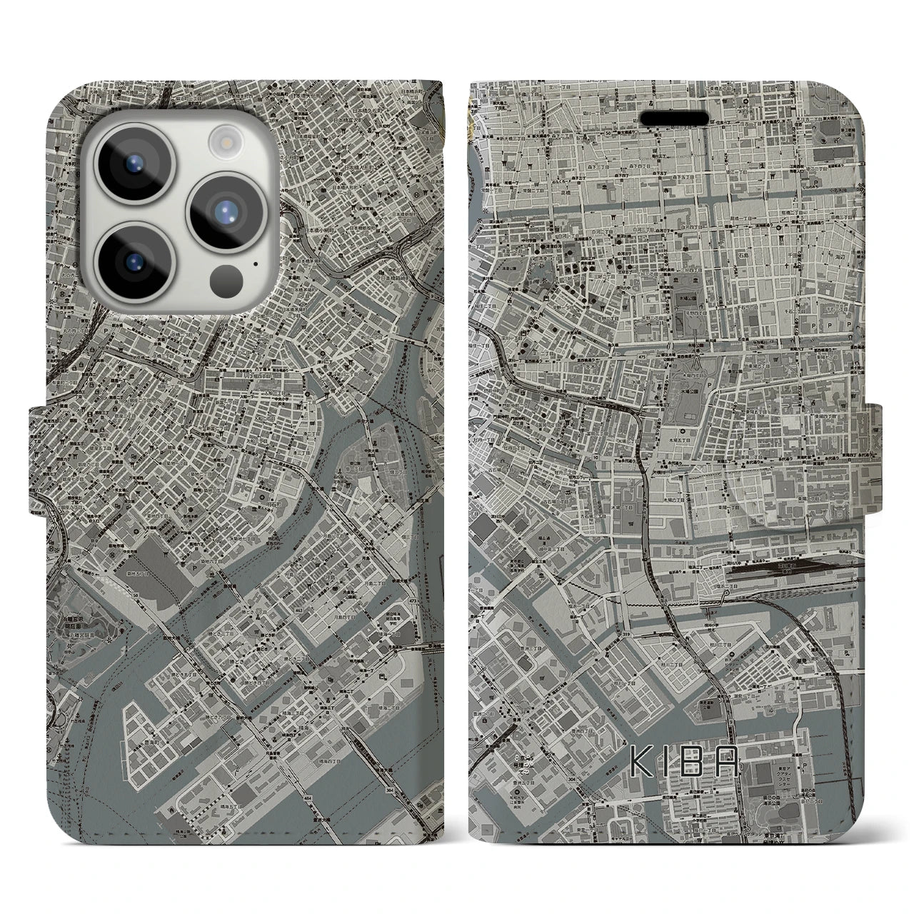 【木場(東京都)】地図柄iPhoneケース(手帳タイプ)モノトーン・iPhone 15 Pro 用