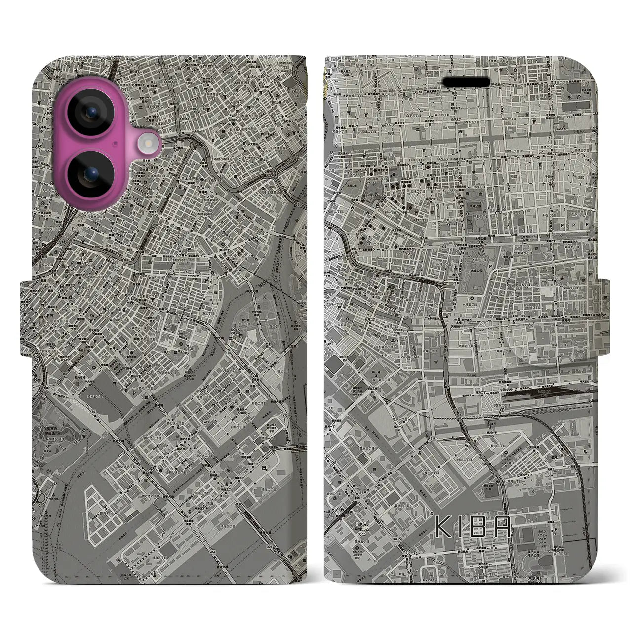 【木場(東京都)】地図柄iPhoneケース(手帳タイプ)モノトーン・iPhone 16 Pro 用