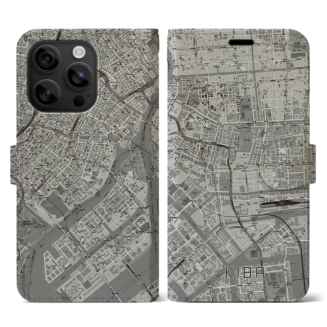 【木場(東京都)】地図柄iPhoneケース(手帳タイプ)モノトーン・iPhone 16 用