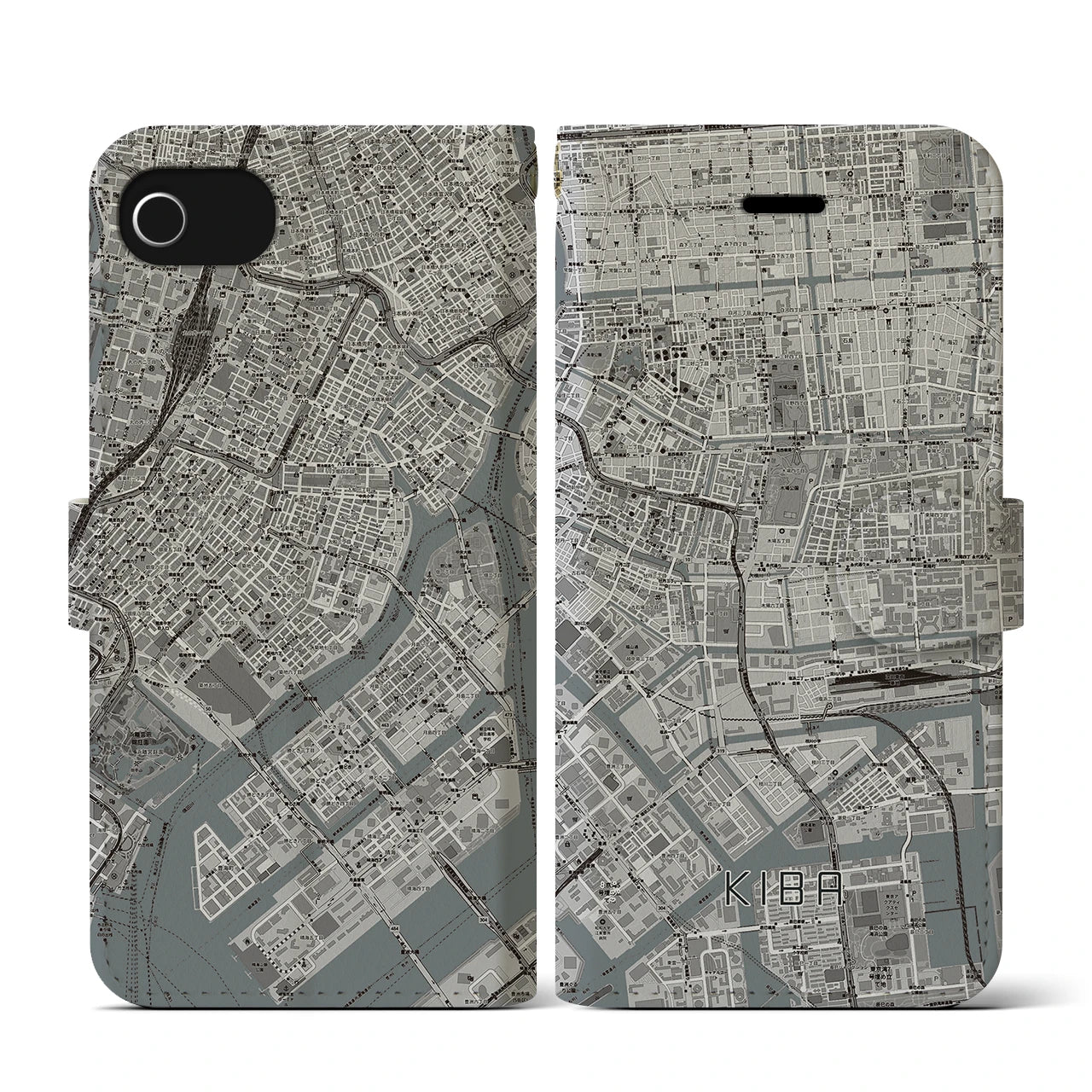 【木場(東京都)】地図柄iPhoneケース(手帳タイプ)モノトーン・iPhone SE(第3 / 第2世代) / 8 / 7 / 6s / 6 用