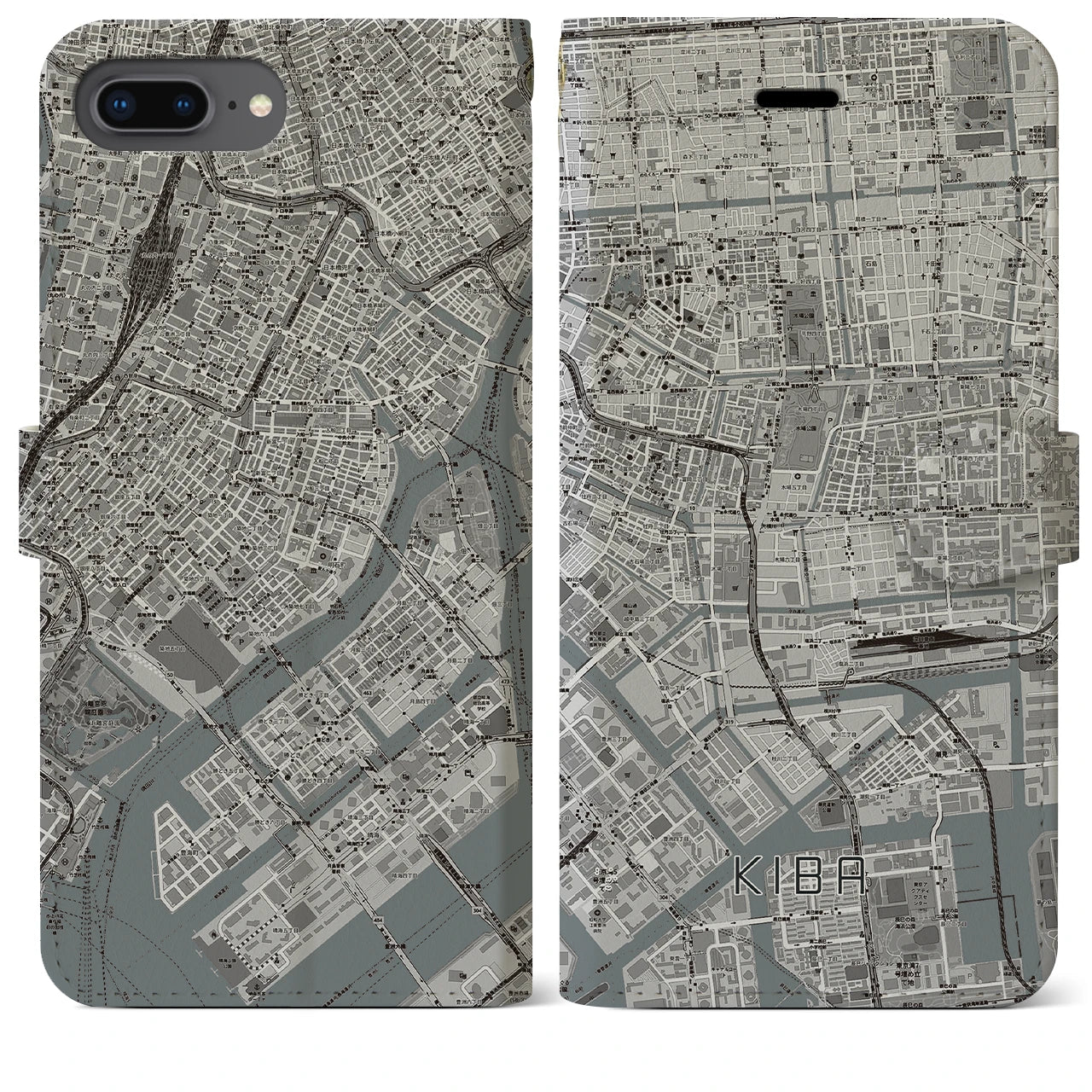 【木場(東京都)】地図柄iPhoneケース(手帳タイプ)モノトーン・iPhone 8Plus /7Plus / 6sPlus / 6Plus 用