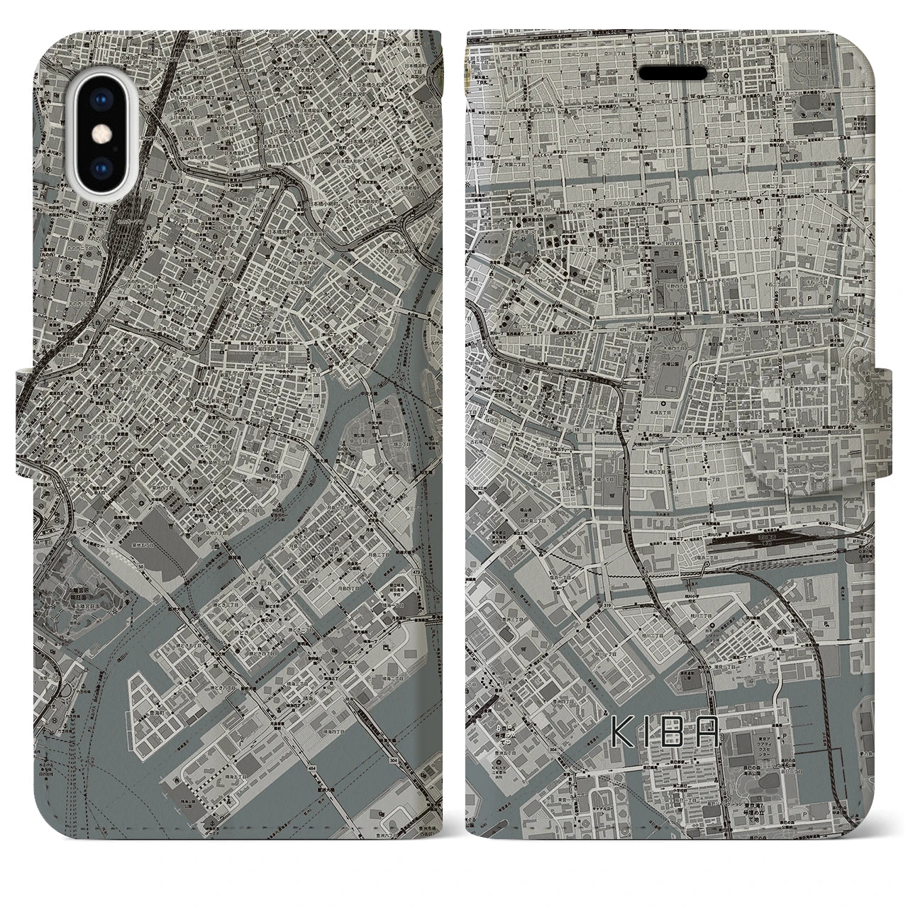 【木場(東京都)】地図柄iPhoneケース(手帳タイプ)モノトーン・iPhone XS Max 用