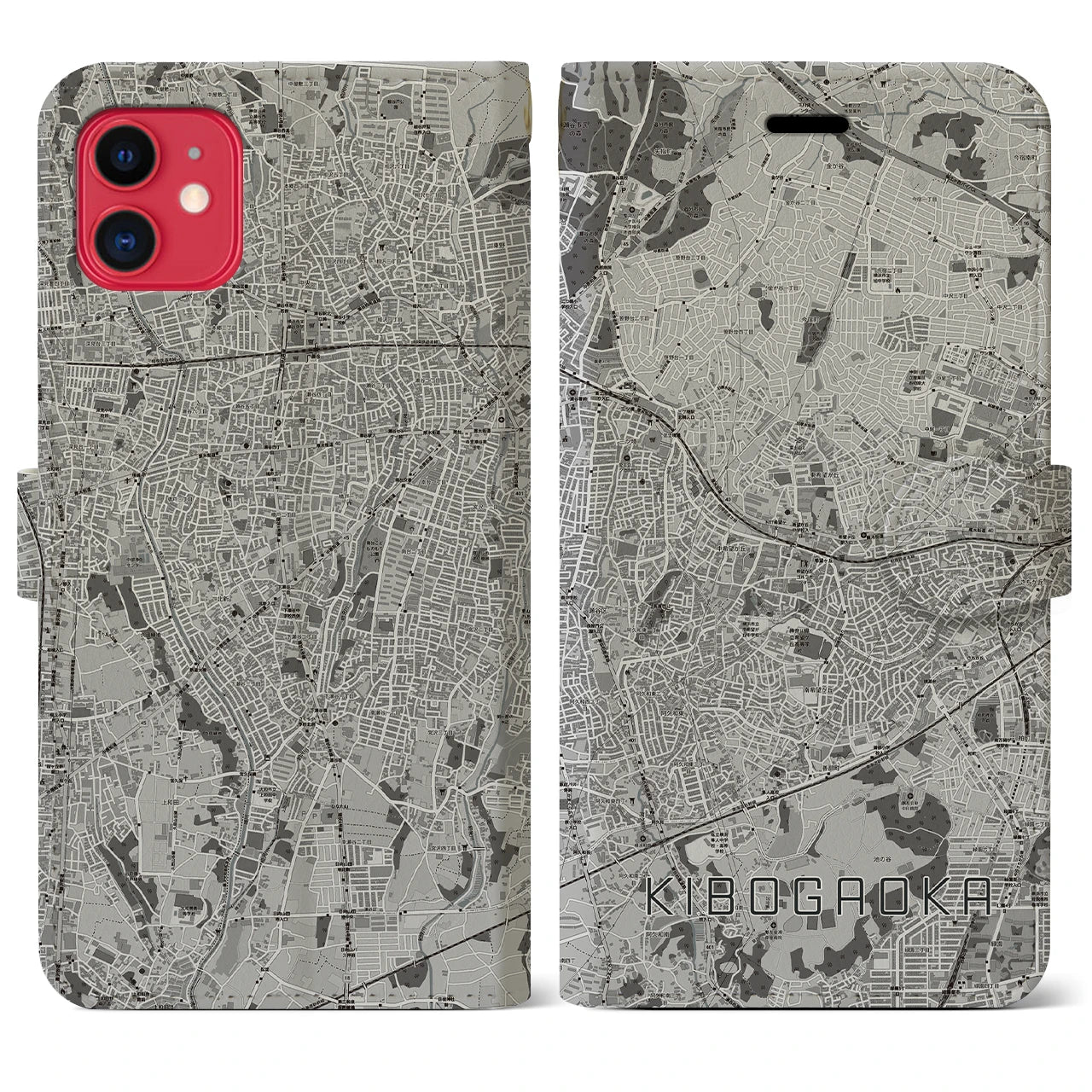 【希望ヶ丘(神奈川県)】地図柄iPhoneケース(手帳タイプ)モノトーン・iPhone 11 用