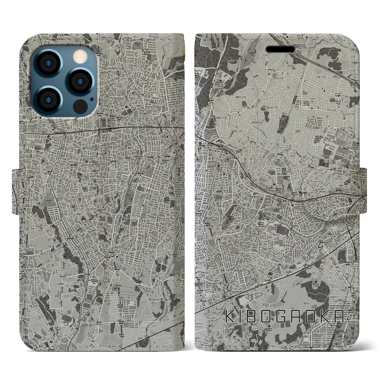 【希望ヶ丘(神奈川県)】地図柄iPhoneケース(手帳タイプ)モノトーン・iPhone 12 / 12 Pro 用